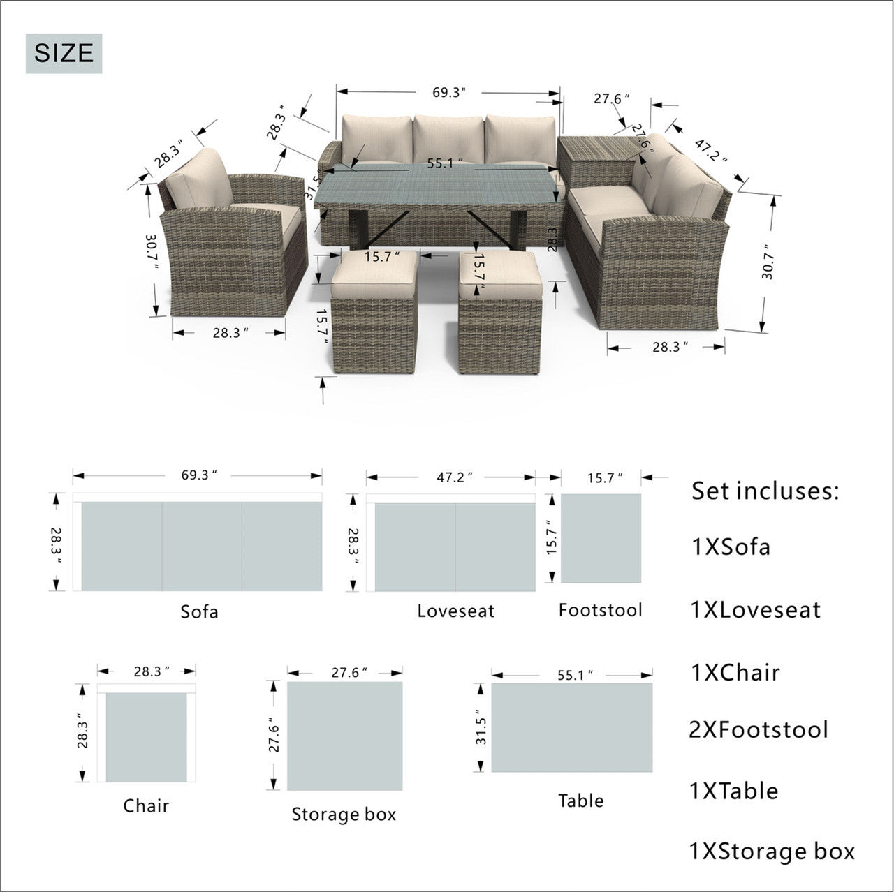 7-Piece Patio Set with Ottomans and Storage Box(PAS-1403B) - Abrihome