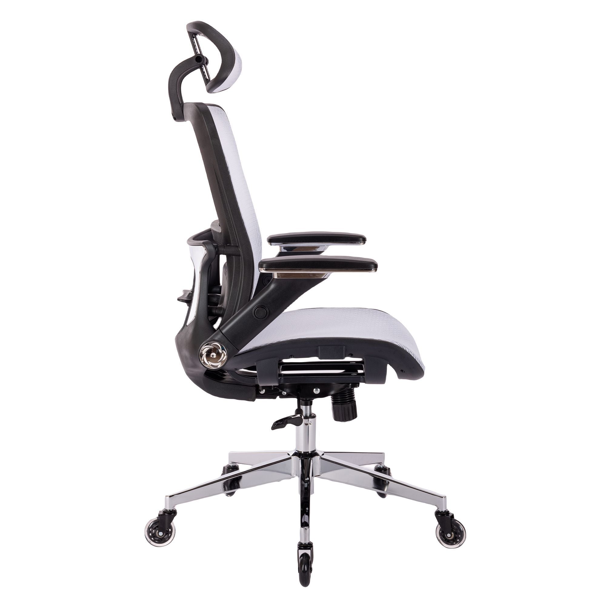 WHITE Ergonomic Mesh Office Chair, High Back - Adjustable Headrest with Flip-Up Arms, Tilt and lock Function, Lumbar Support and blade Wheels, KD chrome metal legs