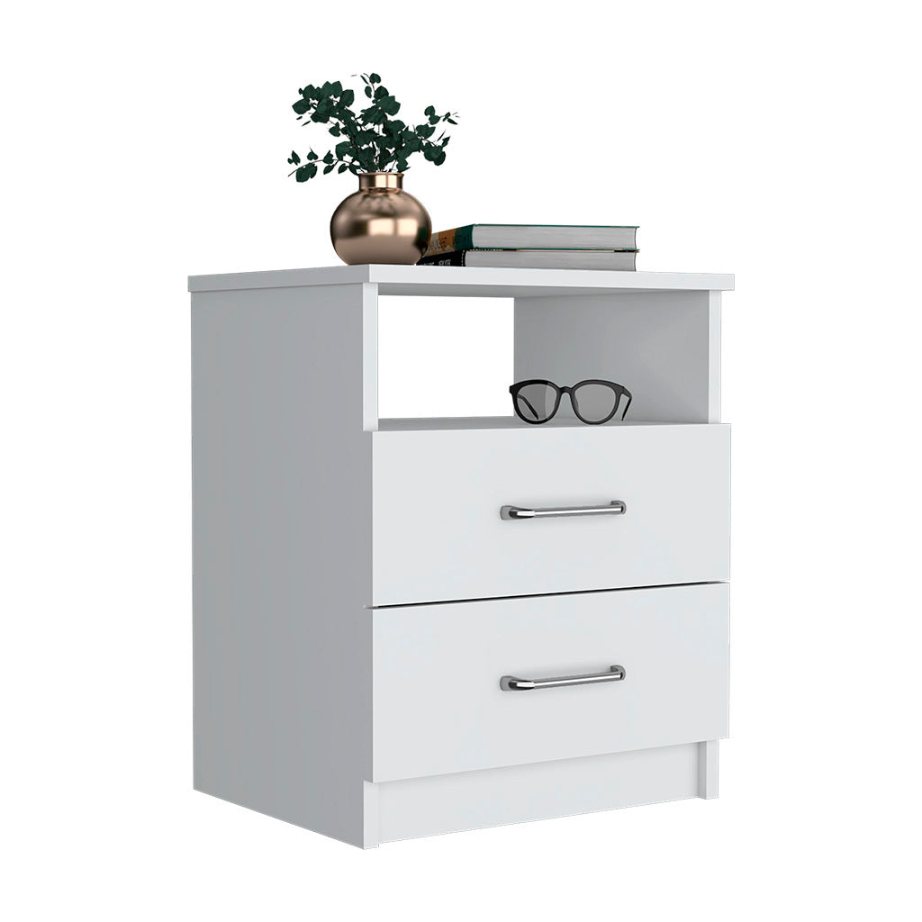 Nightstand Olienza, Two Drawers, One Shelf, White Finish - Abrihome