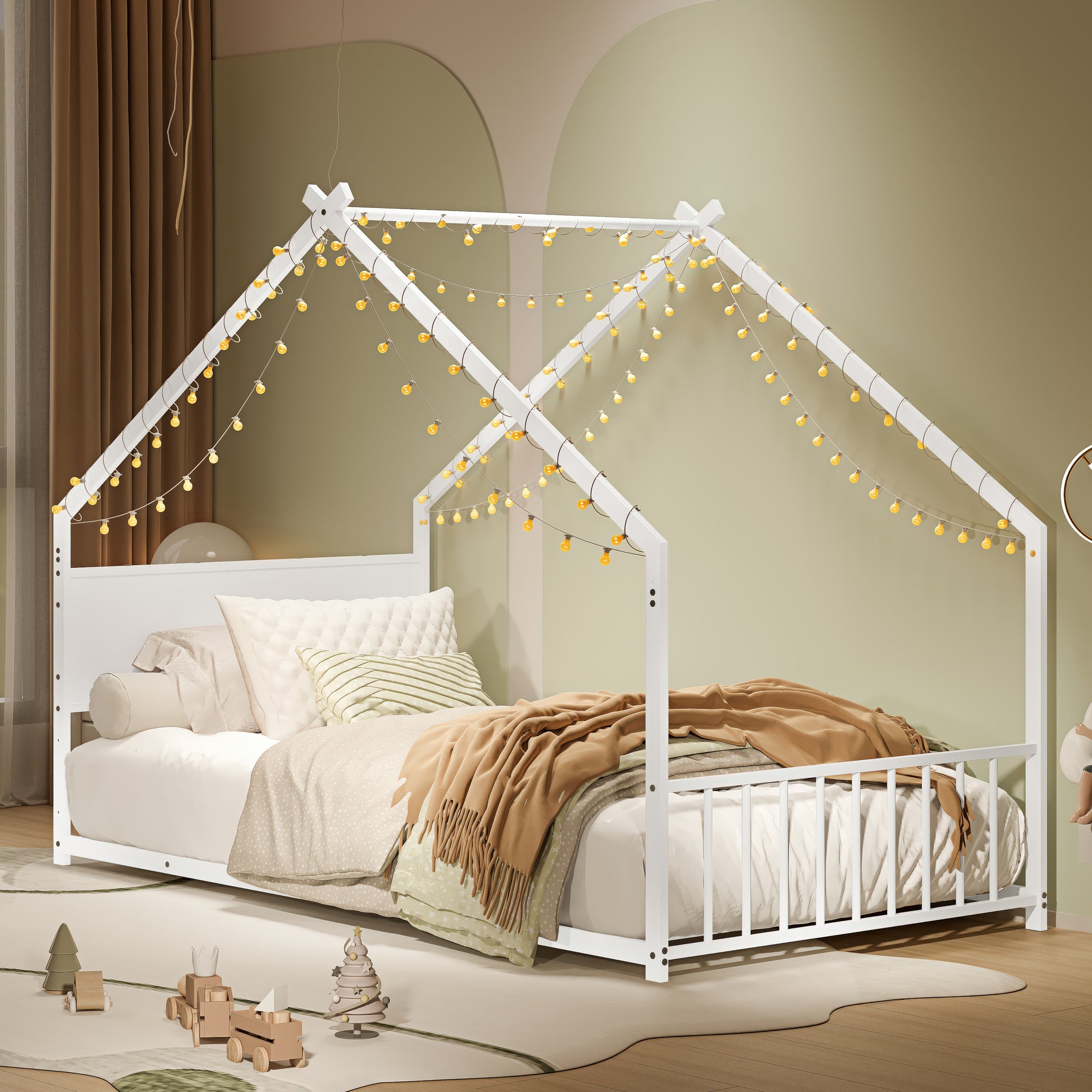 Twin Size House Bed with Roof and Colorful Lights, Metal Bed Frame with Slats and Legs, House Bed for Boy, Girls and Young Teens, No Box Spring Needed (White) - Abrihome