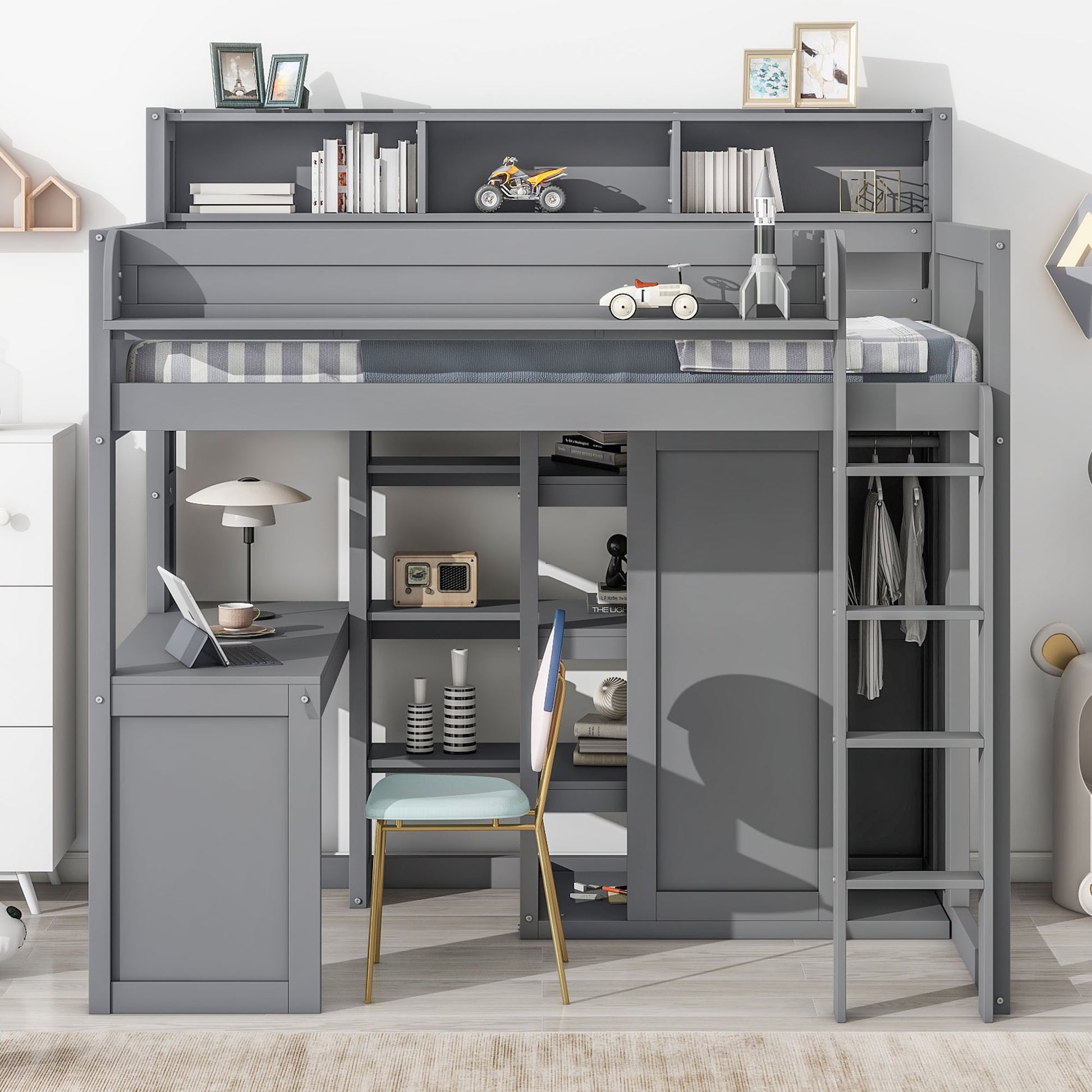 Wood Twin Size Loft bed with Multiple Storage Shelves and Wardrobe, Gray - Abrihome