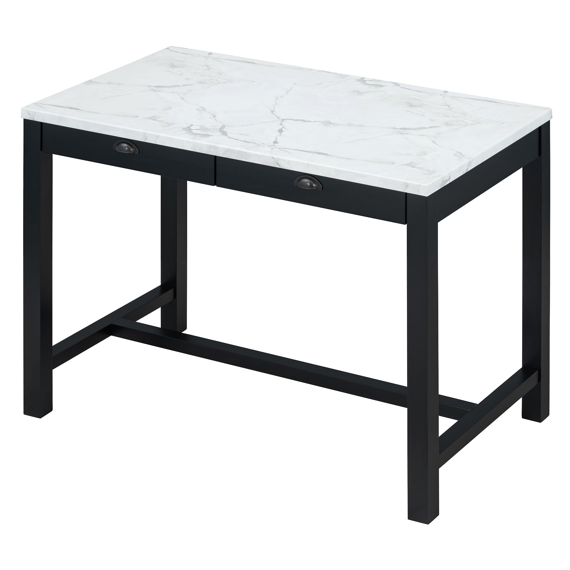 TREXM 3-Piece Modern Faux Marble Versatile Bar Table Set with Storage Drawers and Padded Stools, Ideal for Space-Saving Dining Nooks or Small Kitchens (Black)