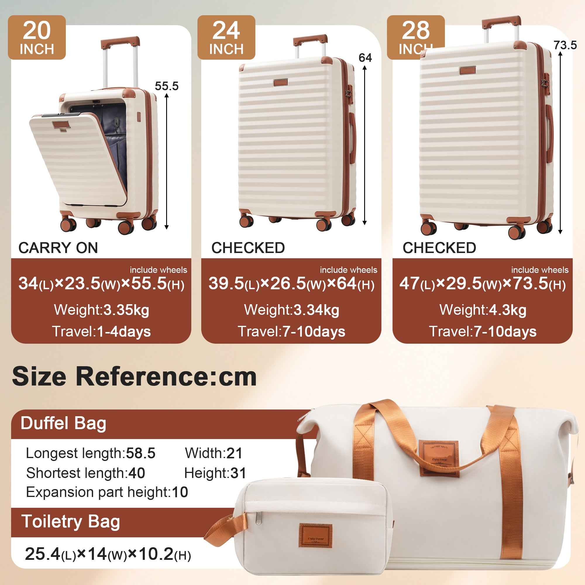 Luggage Sets 5 Piece with Front Opening , Hardside Expandable Carry on Suitcase with Spinner Wheels TSA Lock USB Port  Cup Holder Duffel Bag and Toiletry Bag