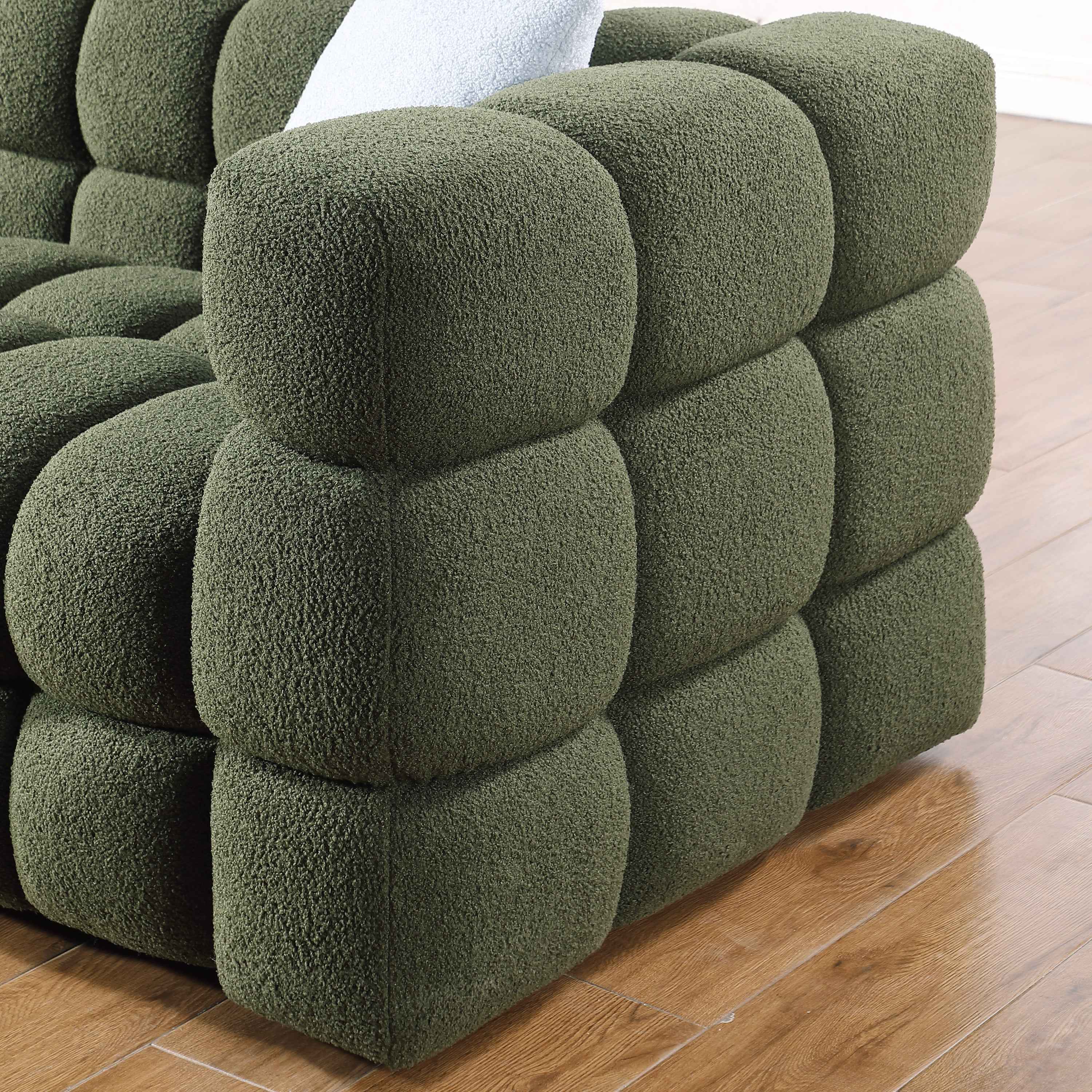 84.3 length ,35.83' deepth ,human body structure for USA people,  marshmallow sofa,boucle sofa ,3 seater, OLIVE GREEN BOUCLE