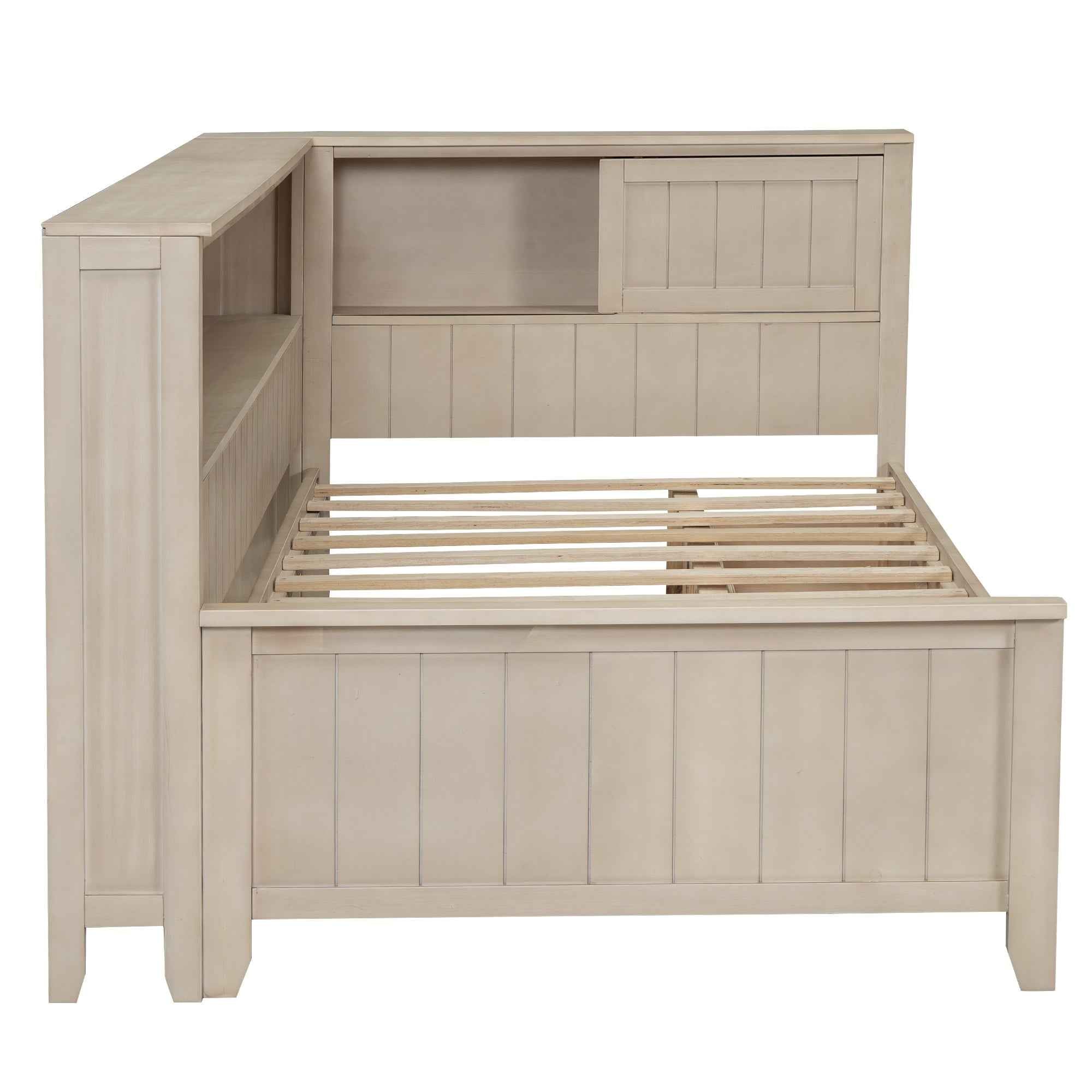 Twin Size Wood Daybed with Storage Shelves and 3 Drawers in Antique White Milk Finish, Solid Pine Wood and MDF