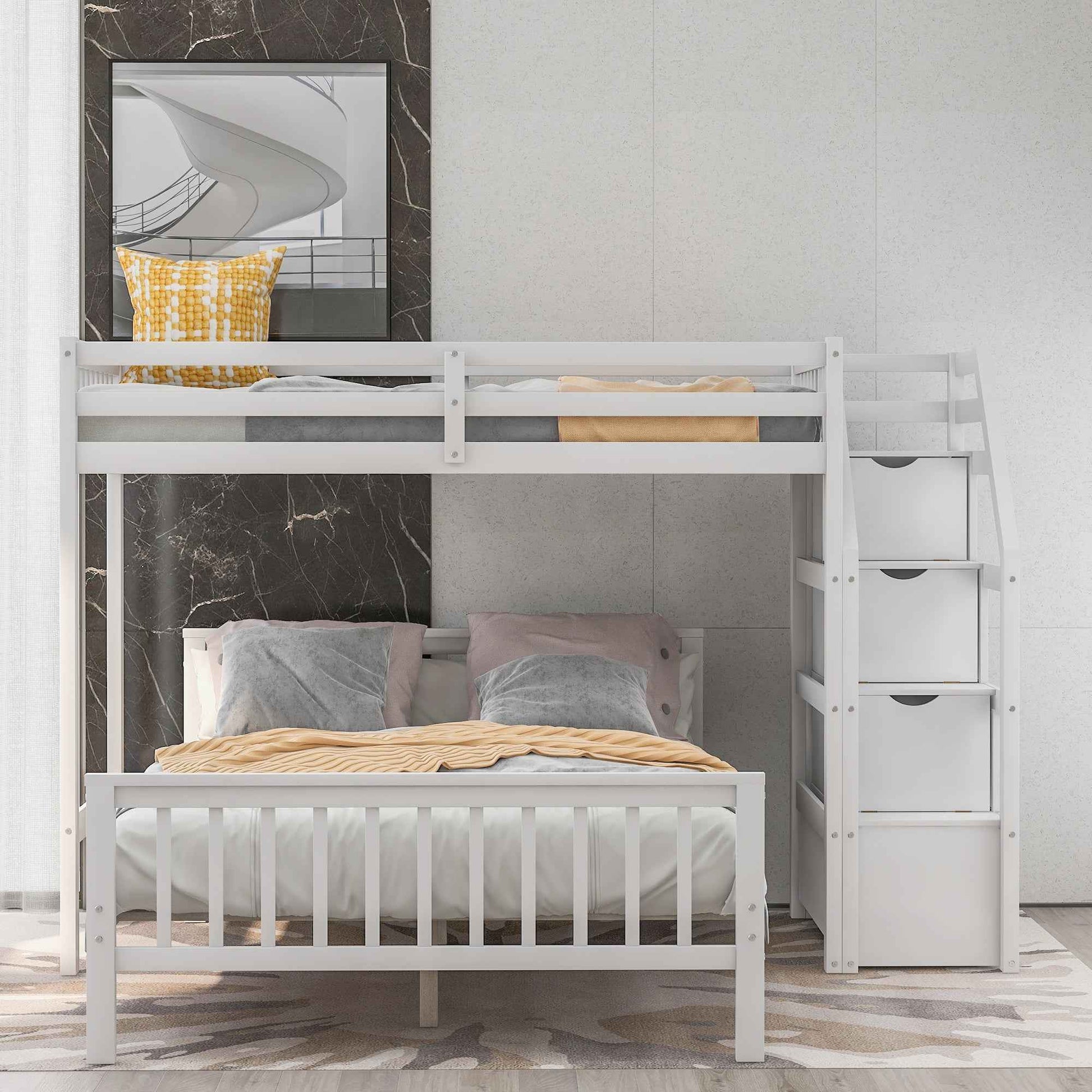 White Twin over Full Loft Bed with Staircase and Storage, Pine Wood + MDF, 97.2''L x 78.4''W x 61.4''H
