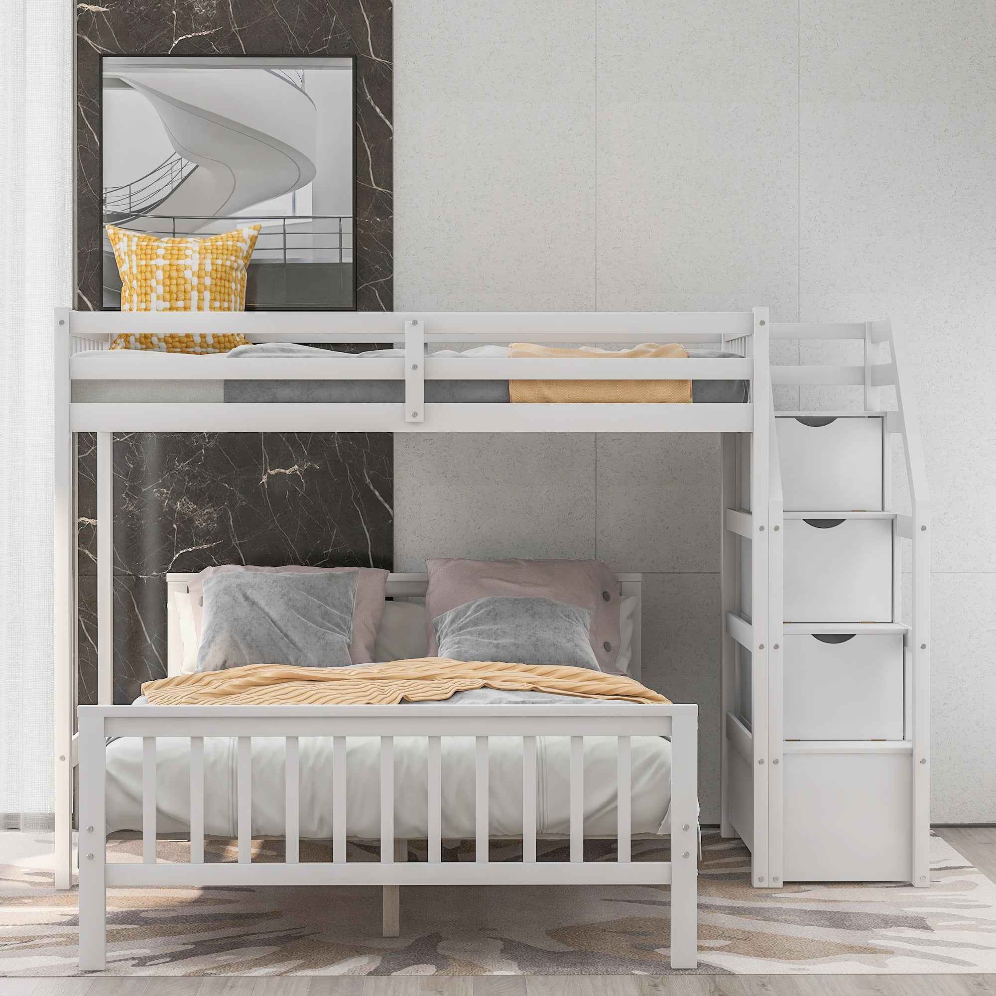 White Twin over Full Loft Bed with Staircase and Storage, Pine Wood + MDF, 97.2''L x 78.4''W x 61.4''H