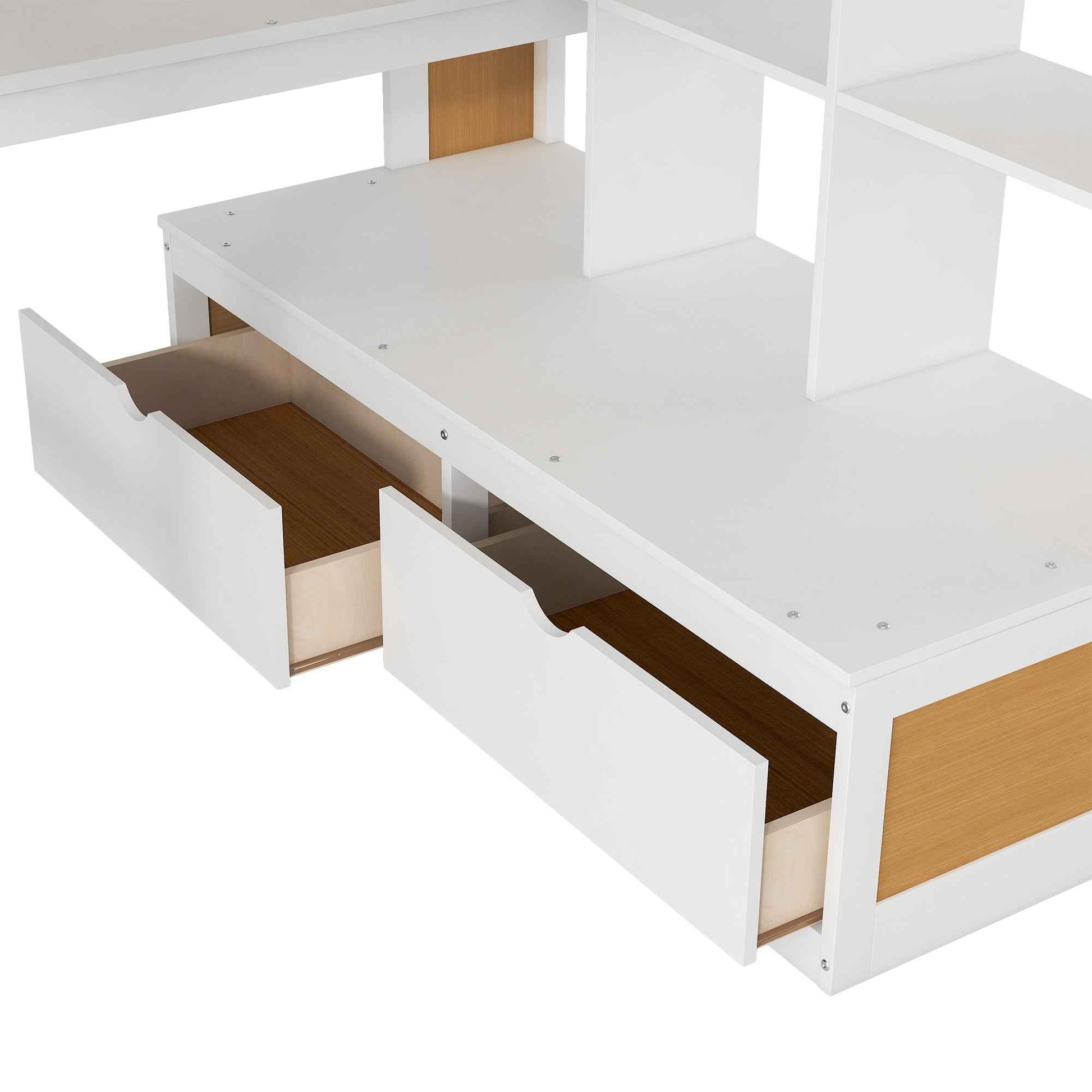 Full Size Loft Bed with Desk and Shelves, Two Built-in Drawers, Storage Staircase in White and Natural Finish, Solid Pine Wood and MDF Construction