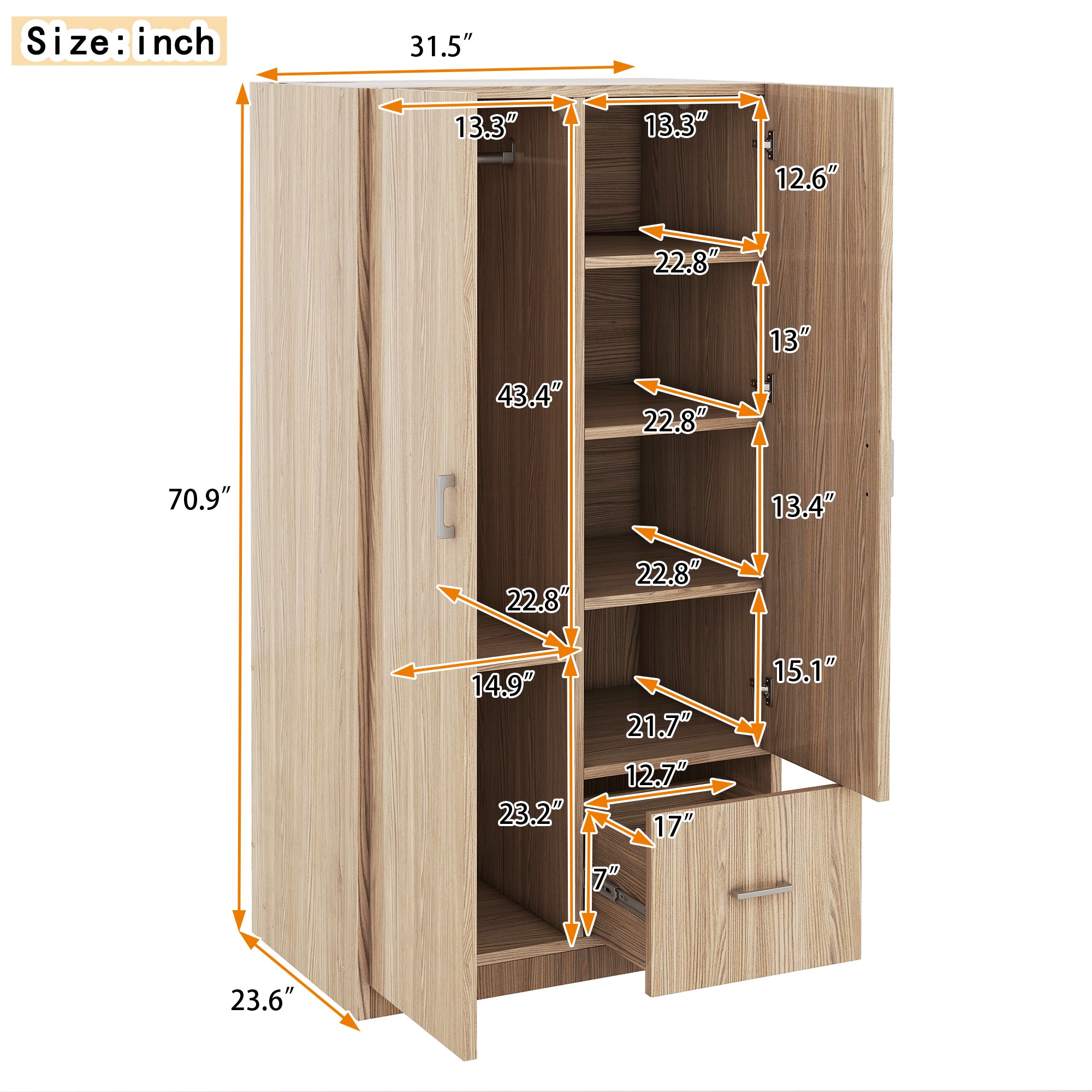 Wooden Wardrobe with Double Doors, Armoire with Hanging Rod, 5 Fixed Shelves, One Storage Drawer,Natural