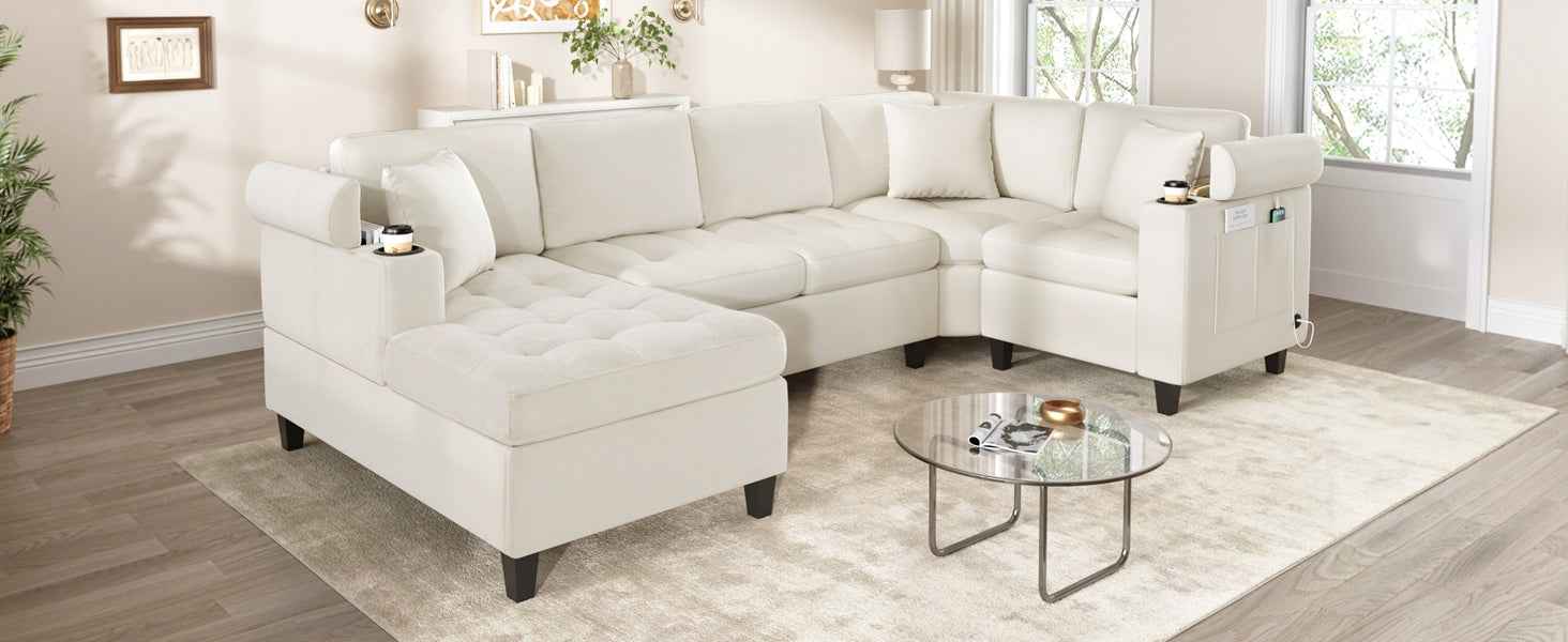 Modern U-shaped Sectional Sofa 115.7' with Built-in Cup Holders, Storage, USB Ports in Beige Chenille Fabric