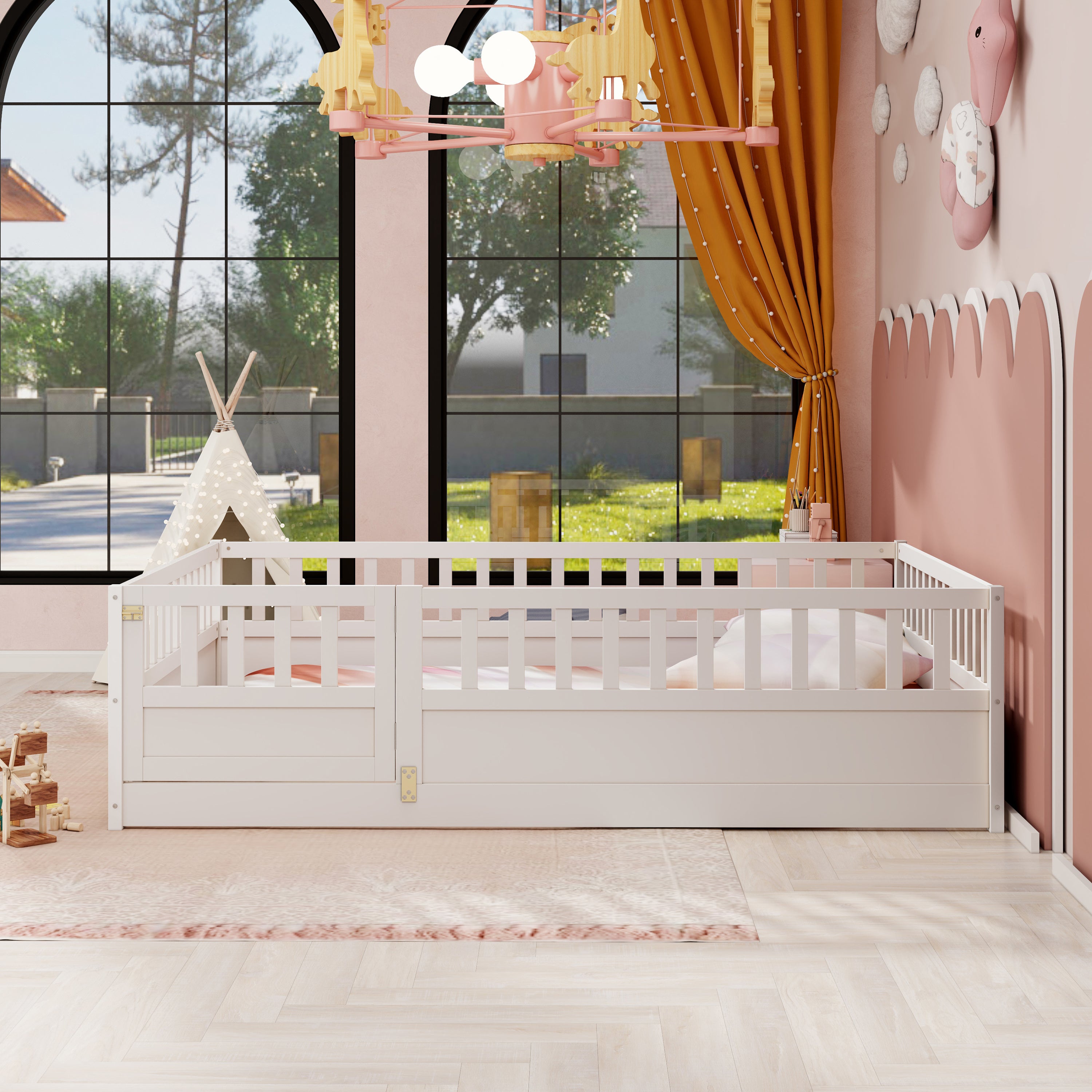 Full size  Floor bed, integral construction with super high security barrier, door, children's floor bed frame, Montessori wooden children's floor bed, white