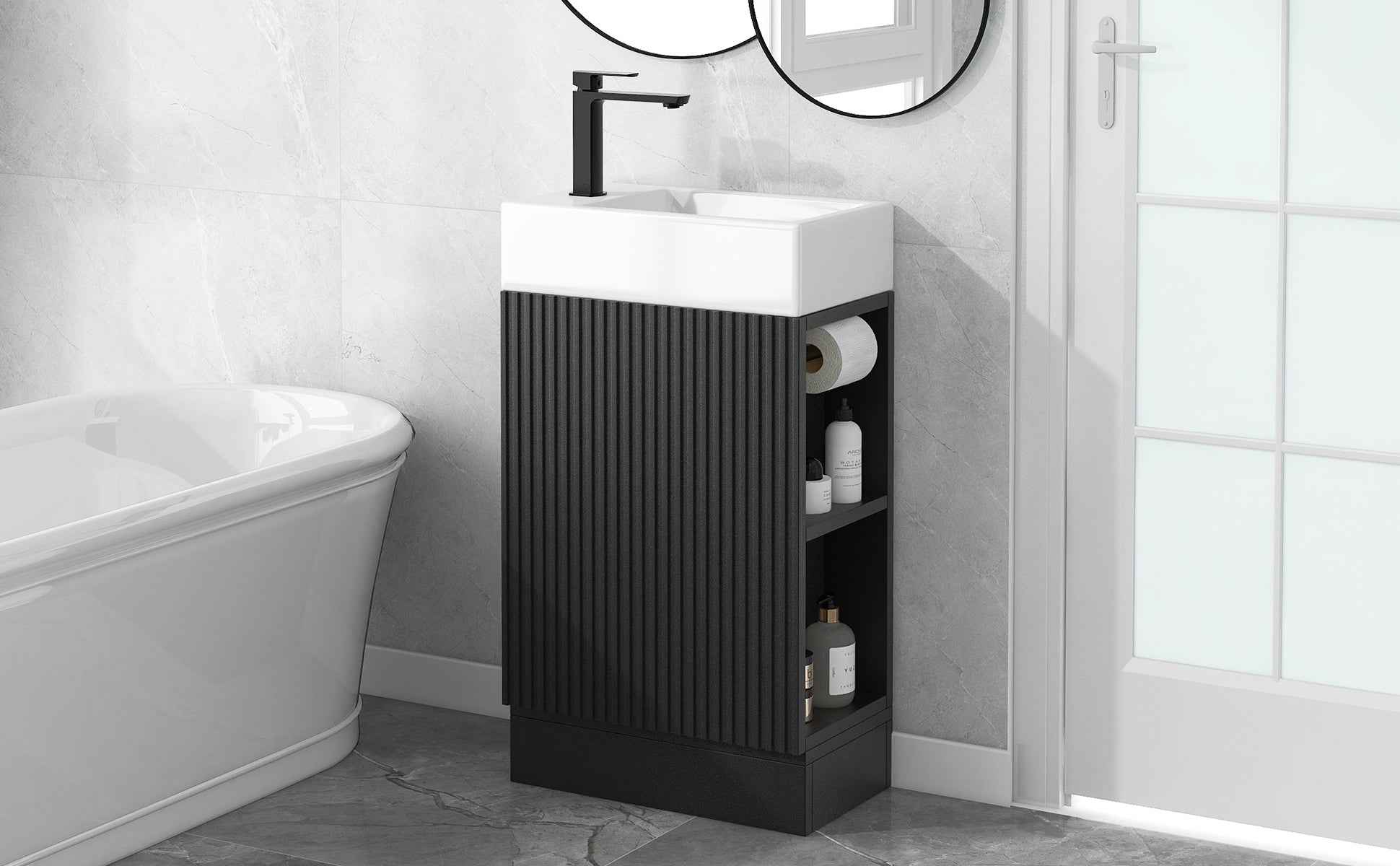 18.6' Bathroom Vanity with Sink, Bathroom Vanity Cabinet with Two-tier Shelf, Left or Right Orientation, Black (WF308491 New Color)