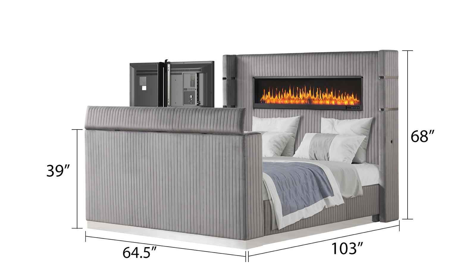 Lavish Modern Style Queen Bed Made with Fireplace in Headboard & TV stand in Footboard with Wood in Grey (NJ Inventory)