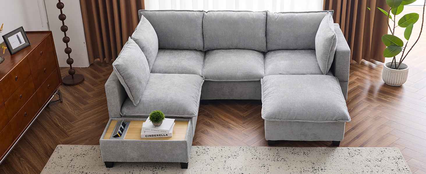 Modular 90' U-shaped Sectional Sofa with Movable Ottoman and Hidden Charging Coffee Table, Grey, Chenille