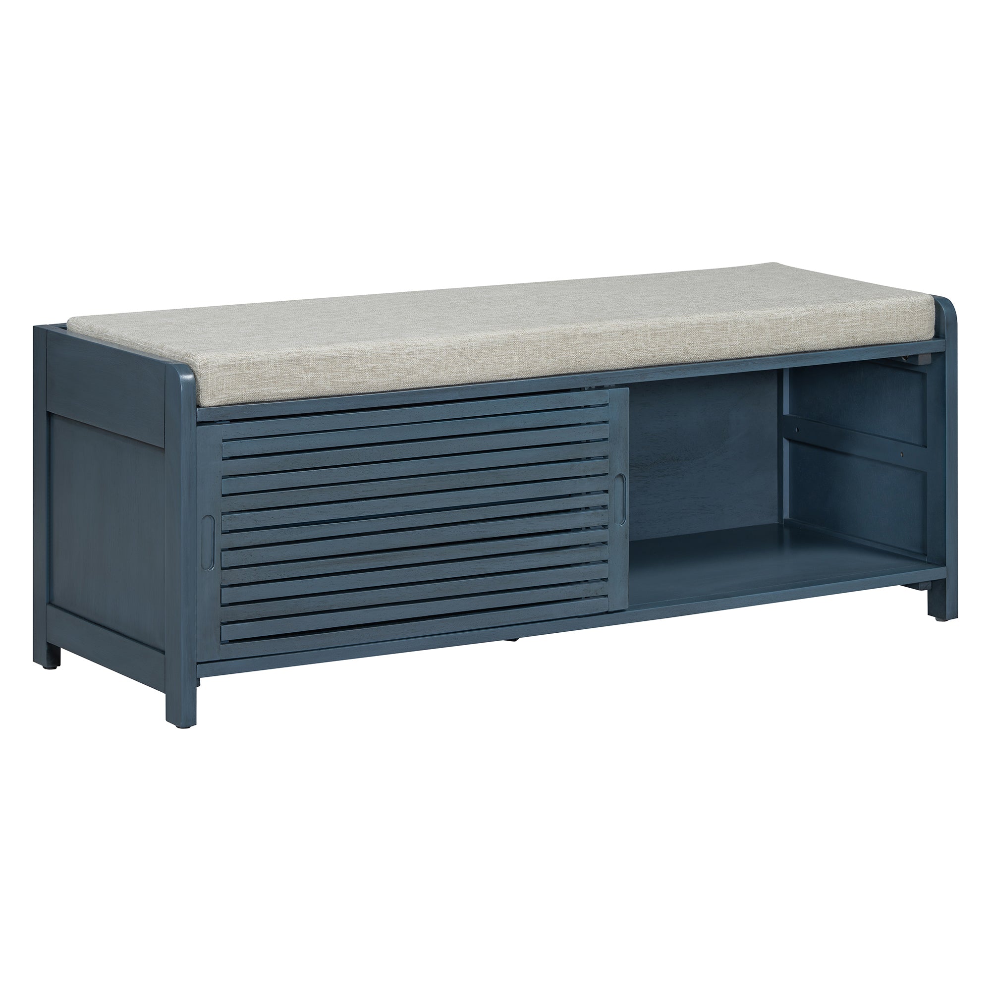 TREXM Distressed Shutter Storage Bench with Acacia Veneer for Retro Charm for Living Room, Entryway (Navy)