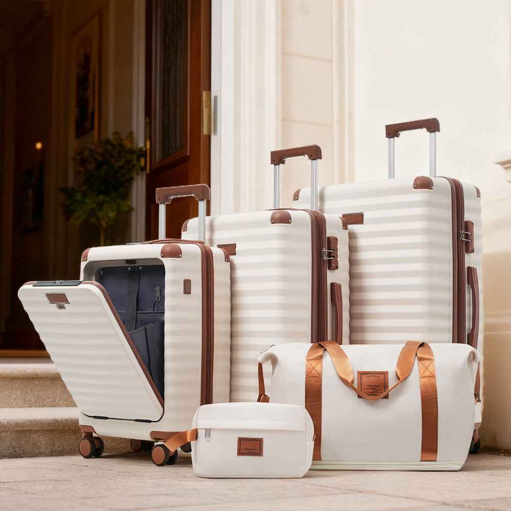 Luggage Sets 5 Piece with Front Opening , Hardside Expandable Carry on Suitcase with Spinner Wheels TSA Lock USB Port  Cup Holder Duffel Bag and Toiletry Bag