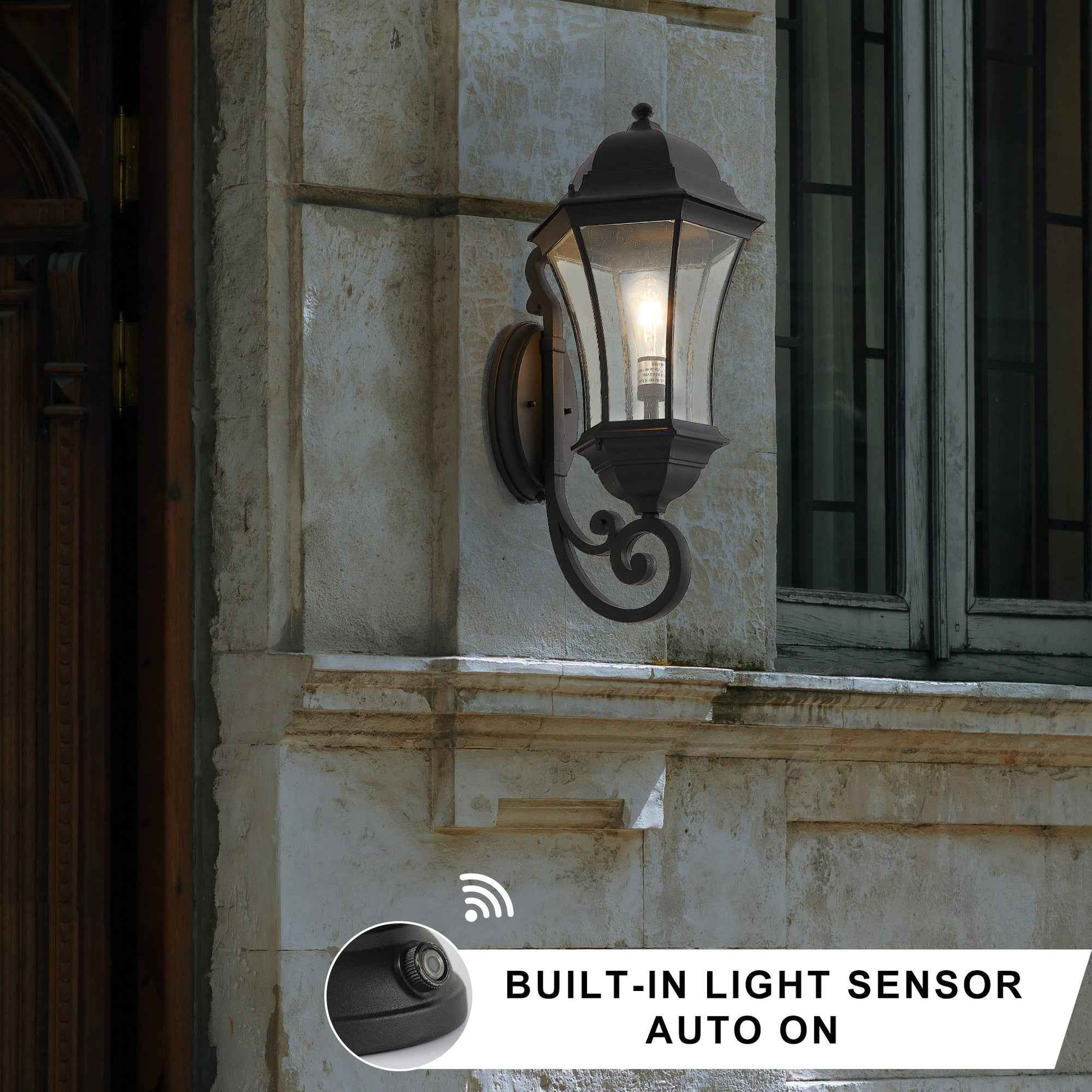 27'(H) 1-Pack Outdoor Wall Lantern with Dusk to Dawn Sensor, Black Weatherrproof Exterior Light Fixture with Clear Bubble Glass, Vintage Wall Sconce for Porch, Patio, Entryway, and Garage (No Bulb)