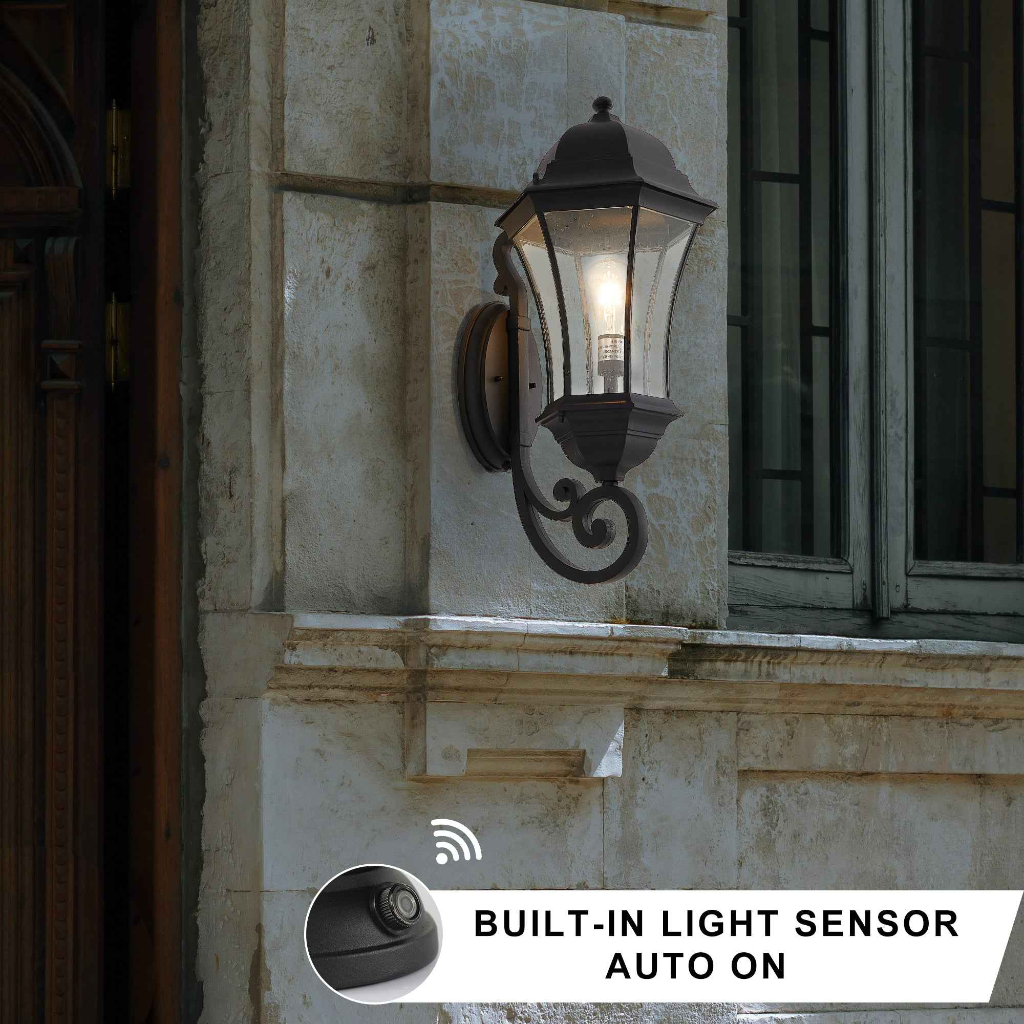 27'(H) 1-Pack Outdoor Wall Lantern with Dusk to Dawn Sensor, Black Weatherrproof Exterior Light Fixture with Clear Bubble Glass, Vintage Wall Sconce for Porch, Patio, Entryway, and Garage (No Bulb)
