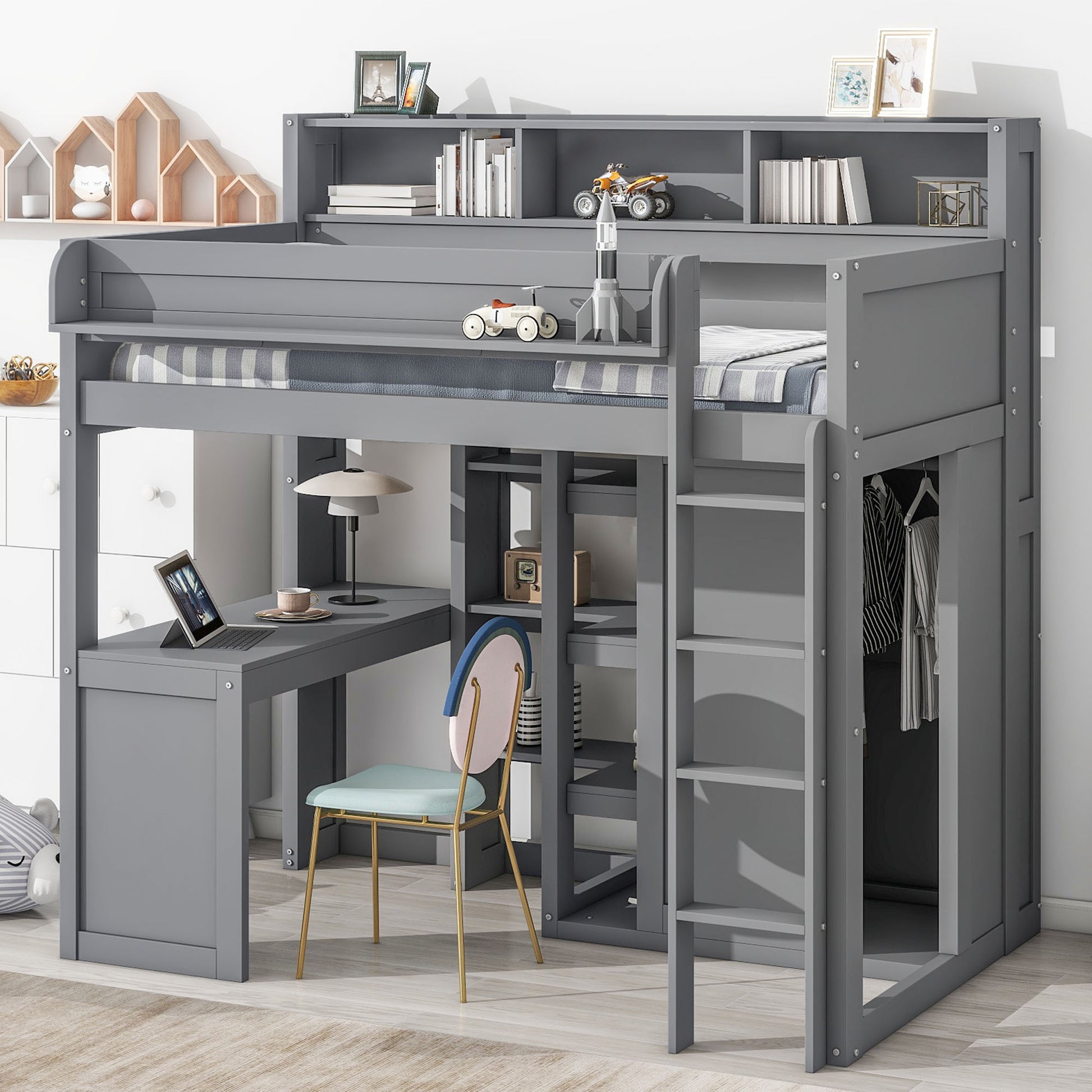 Wood Twin Size Loft bed with Multiple Storage Shelves and Wardrobe, Gray - Abrihome
