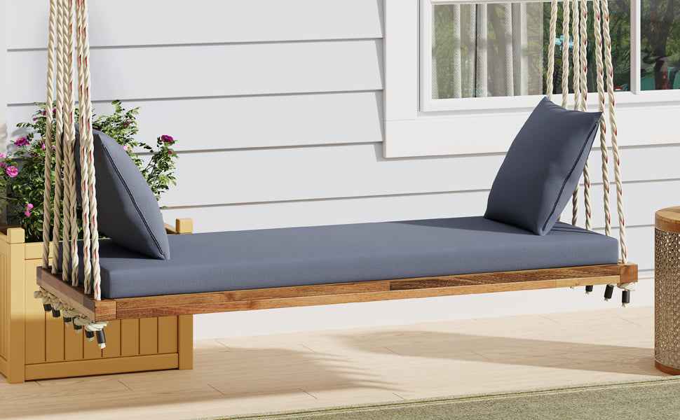 TOPMAX Patio Wooden Swing Chair, Hanging Porch Swing Bench with Cushion&Pillows, 10.8Ft Hemp Ropes for Garden,Backyard, Lawn,Natural