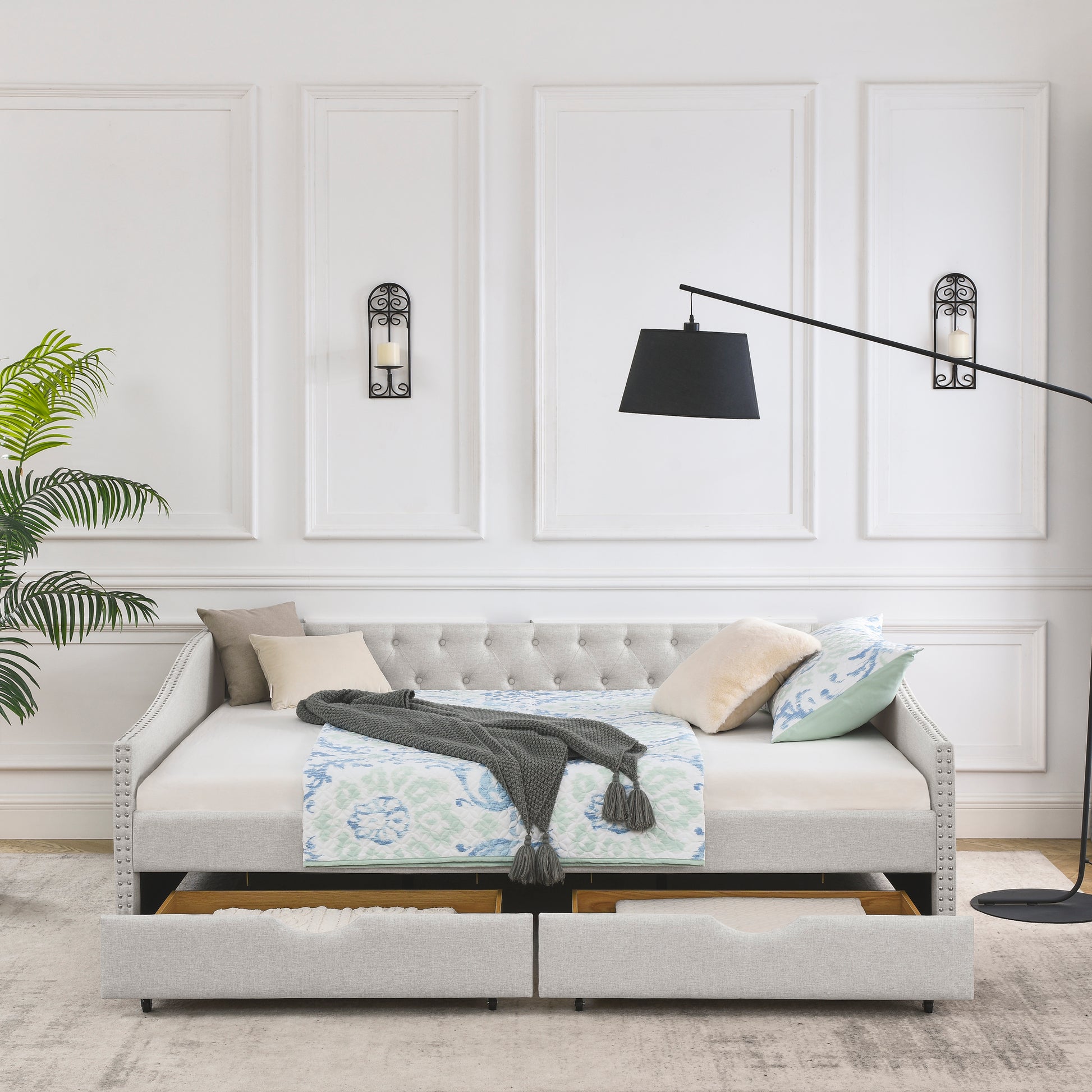 Queen Size Daybed with Drawers Upholstered Tufted Sofa Bed,,with Button on Back and Copper Nail on Waved Shape Arms, Beige (84.5'x63.5'x26.5') - Abrihome
