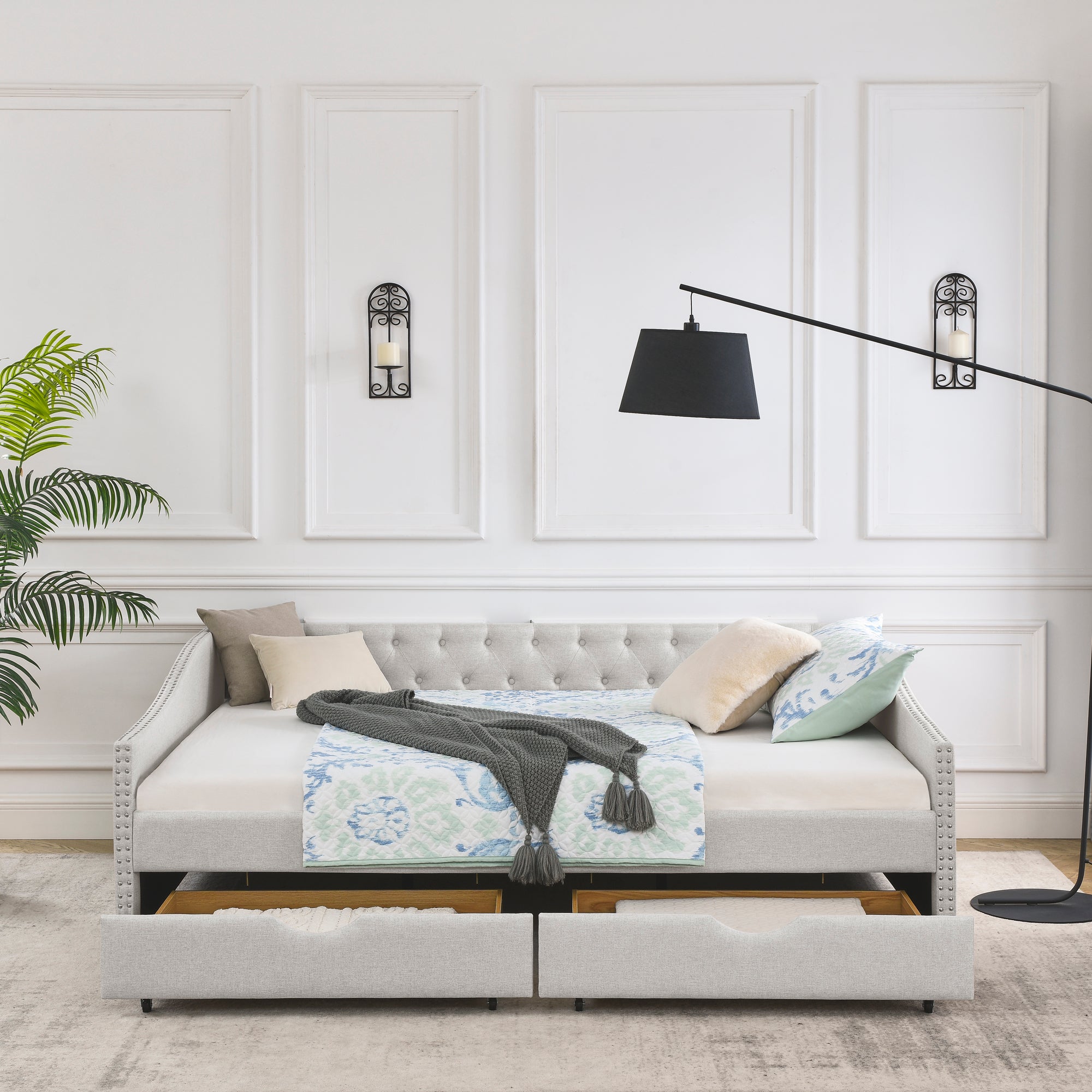 Queen Size Daybed with Drawers Upholstered Tufted Sofa Bed,,with Button on Back and Copper Nail on Waved Shape Arms, Beige (84.5'x63.5'x26.5') - Abrihome