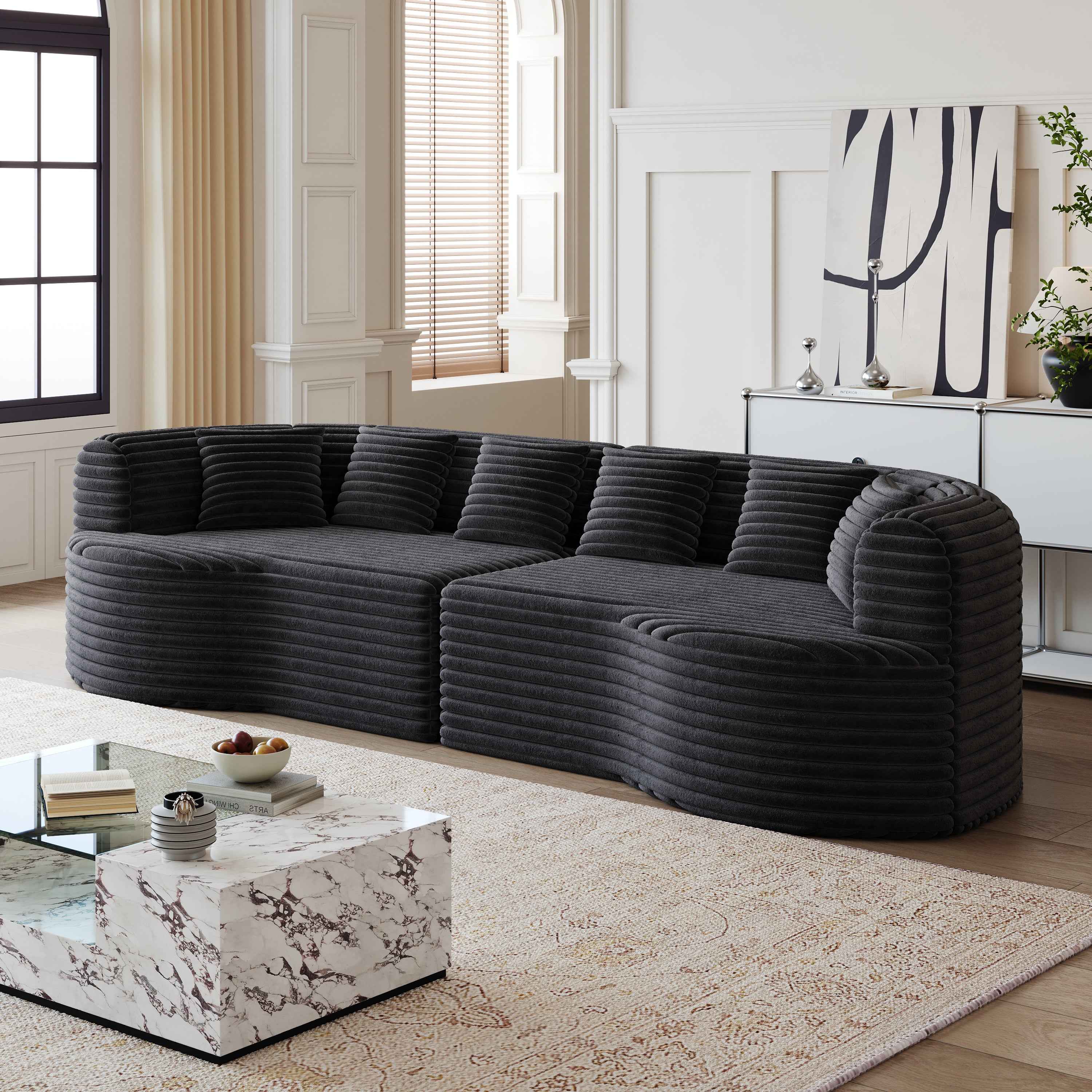 Curved Sectional Sofa, 106.3-inch Oversized Modern Bone-Free Cloud Sofa with 6 Pillows Luxury Corduroy Four-Seater Memory Foam Sofa with Deep Seat Design,black