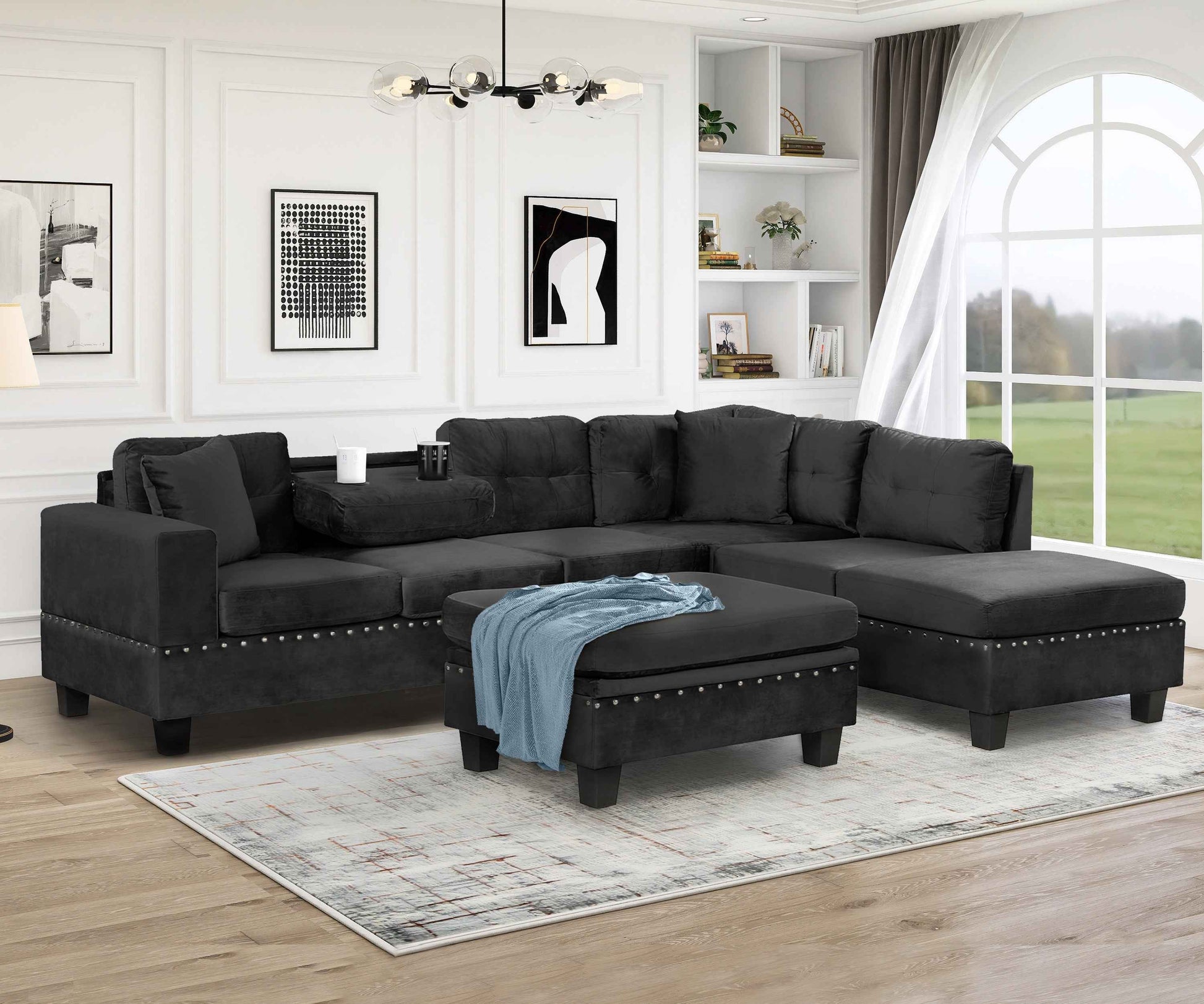 Modern Sectional Sofa with Storage Ottoman, L-Shape Couch with 2 Pillows and Cup Holders, Black Velvet, 105'