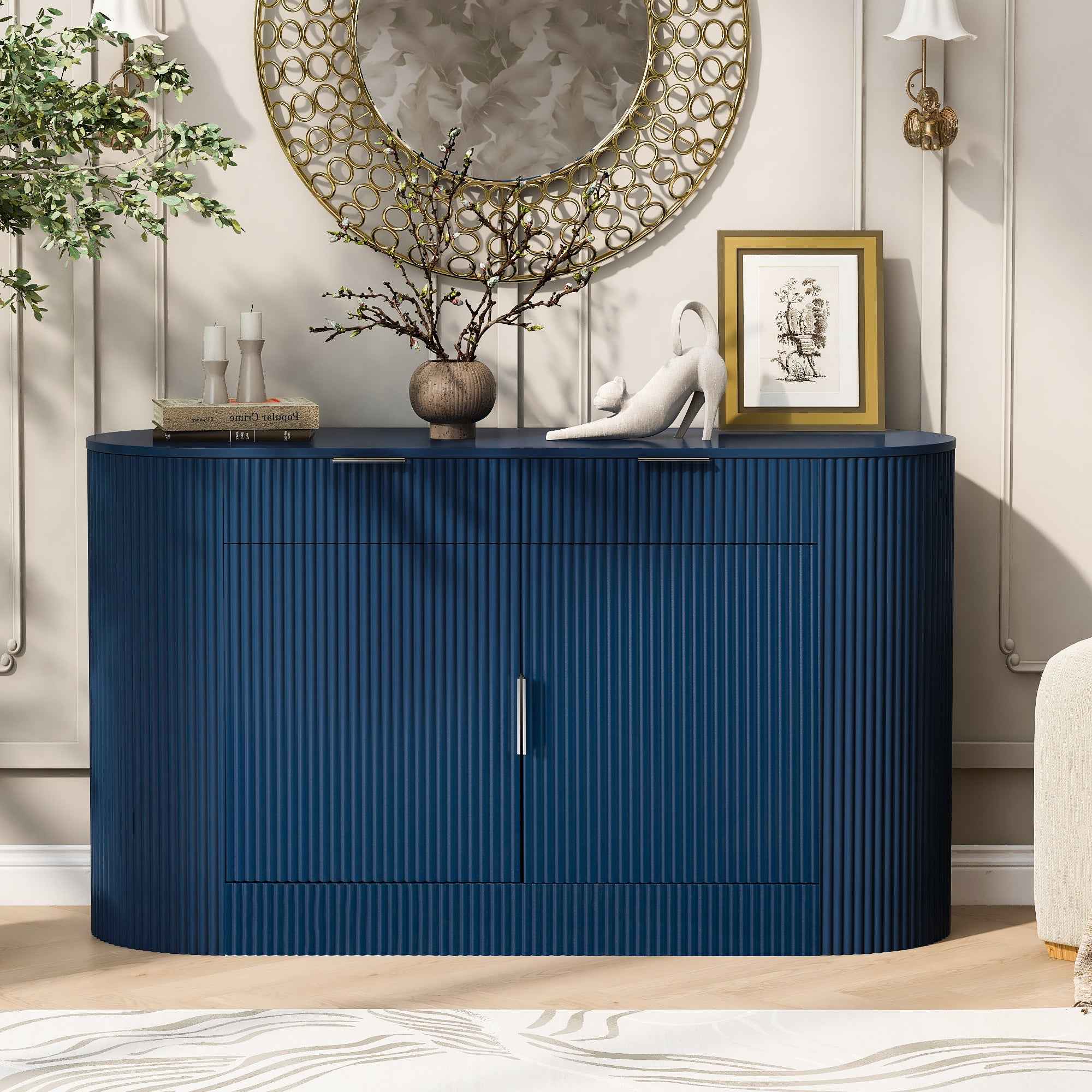 U_STYLE 55.1' Modern Storage Cabinet – 2 Doors & 2 Drawers, Stripe MDF Sideboard with Aluminum Handles, Curved Side Door & 3-Tier Shelves, Buffet Cabinet for Living Room, Bedroom, Dining Room