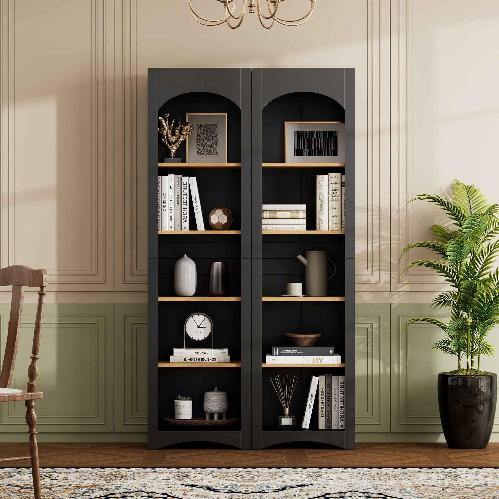 ON-TREND Free Standing 5 Tier Bookshelves, Bookcases Set of 2, Farmhouse Two-Tone Storage Cabinet with Adjustable Shelves, Modern 72'H Kitchen Pantry Cabinet for Living Room, Home Office, Black