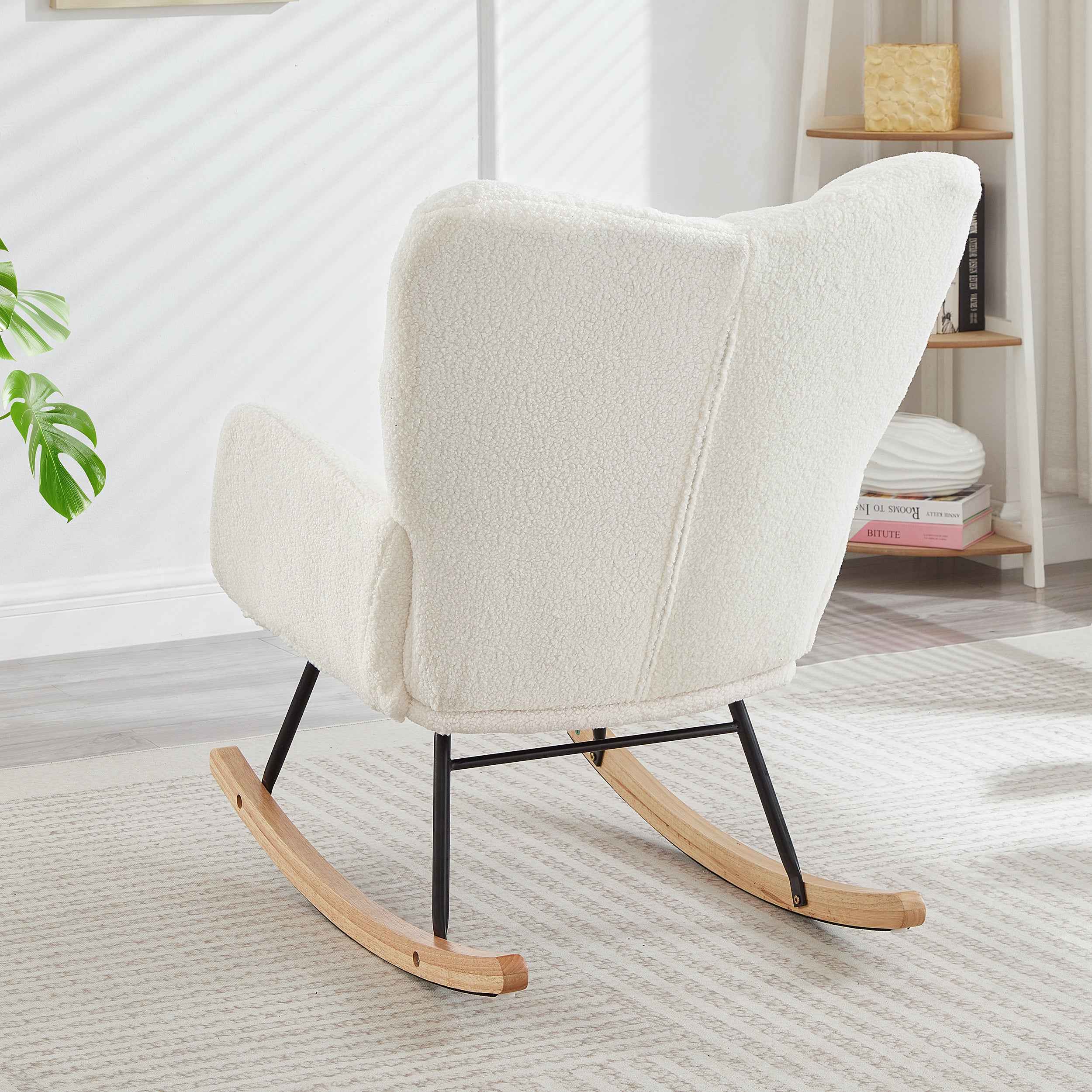 Glider Chair for Living Room Tufted Upholstered Teddy Fabric Rocking Chair with Metal Frame Accent Chair Ivory White
