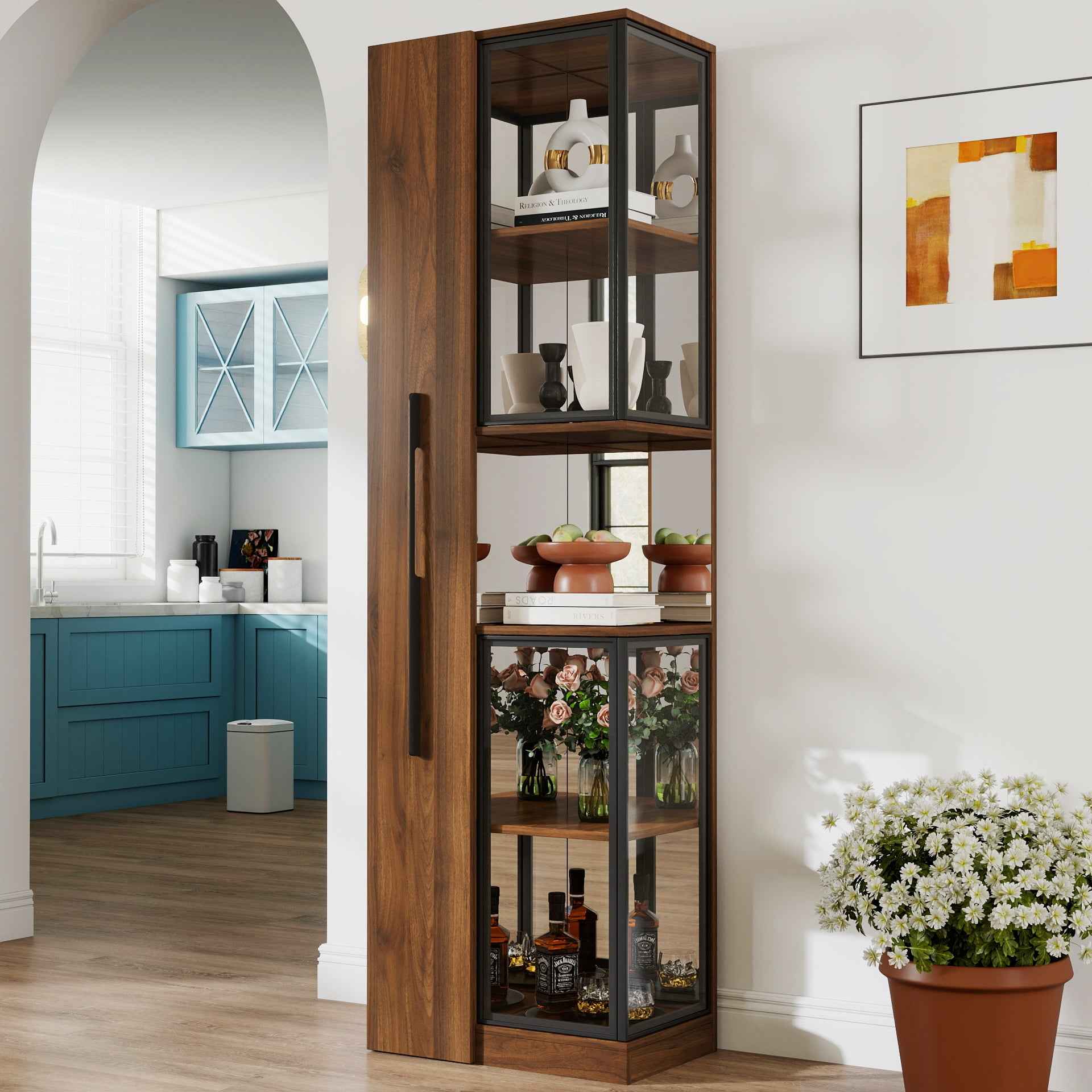 70' Display Cabinet with Glass Doors and Lights, with multi-functional pull-out multi-tier storage shelf , Wooden Display Storage Cabinets
