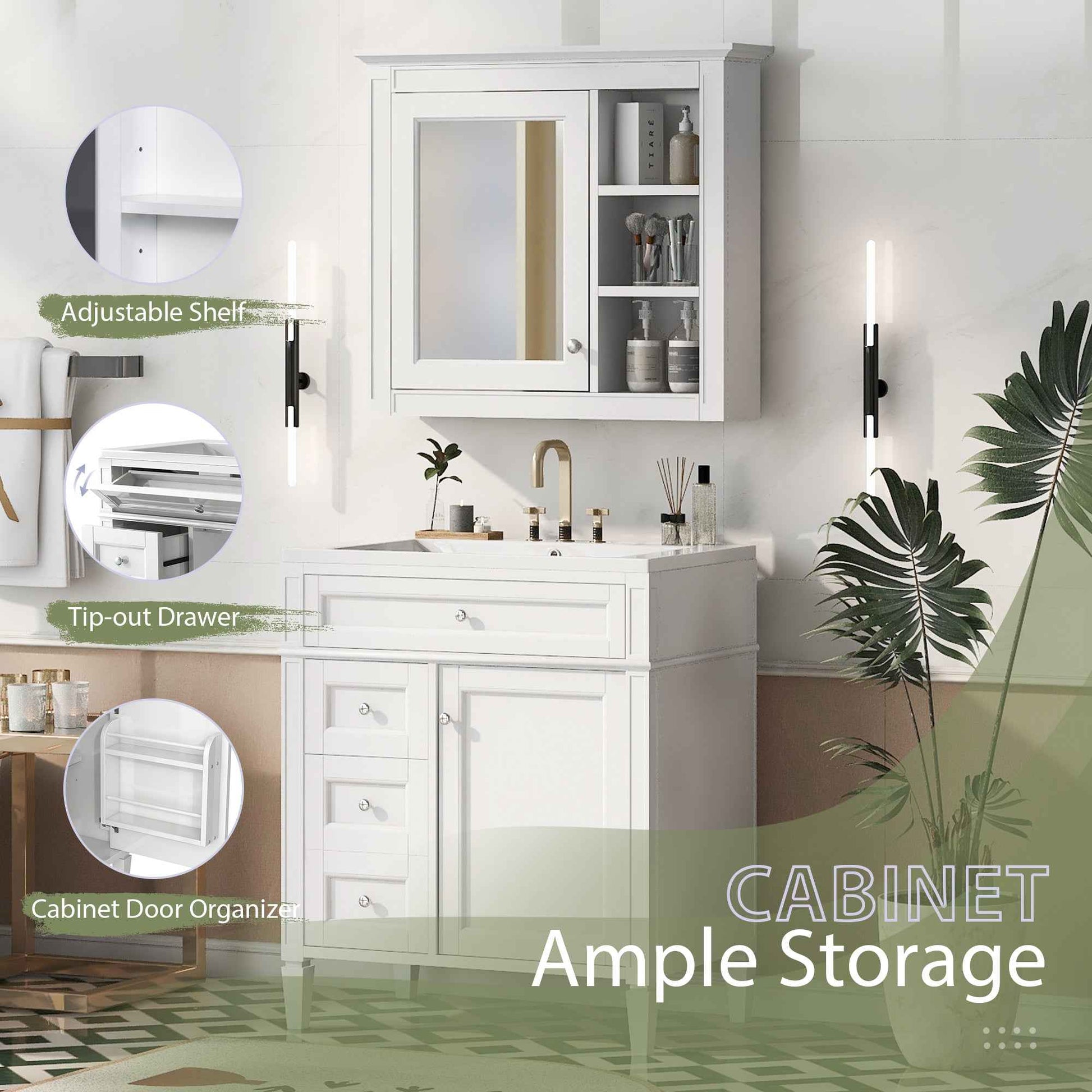 Modern 30'' Bathroom Vanity with Top Sink, White Freestanding Storage Cabinet with 2 Drawers and Tip-out Drawer, Mirror Cabinet Combo, Solid Wood + MDF Frame, Ceramic Undermount Sink