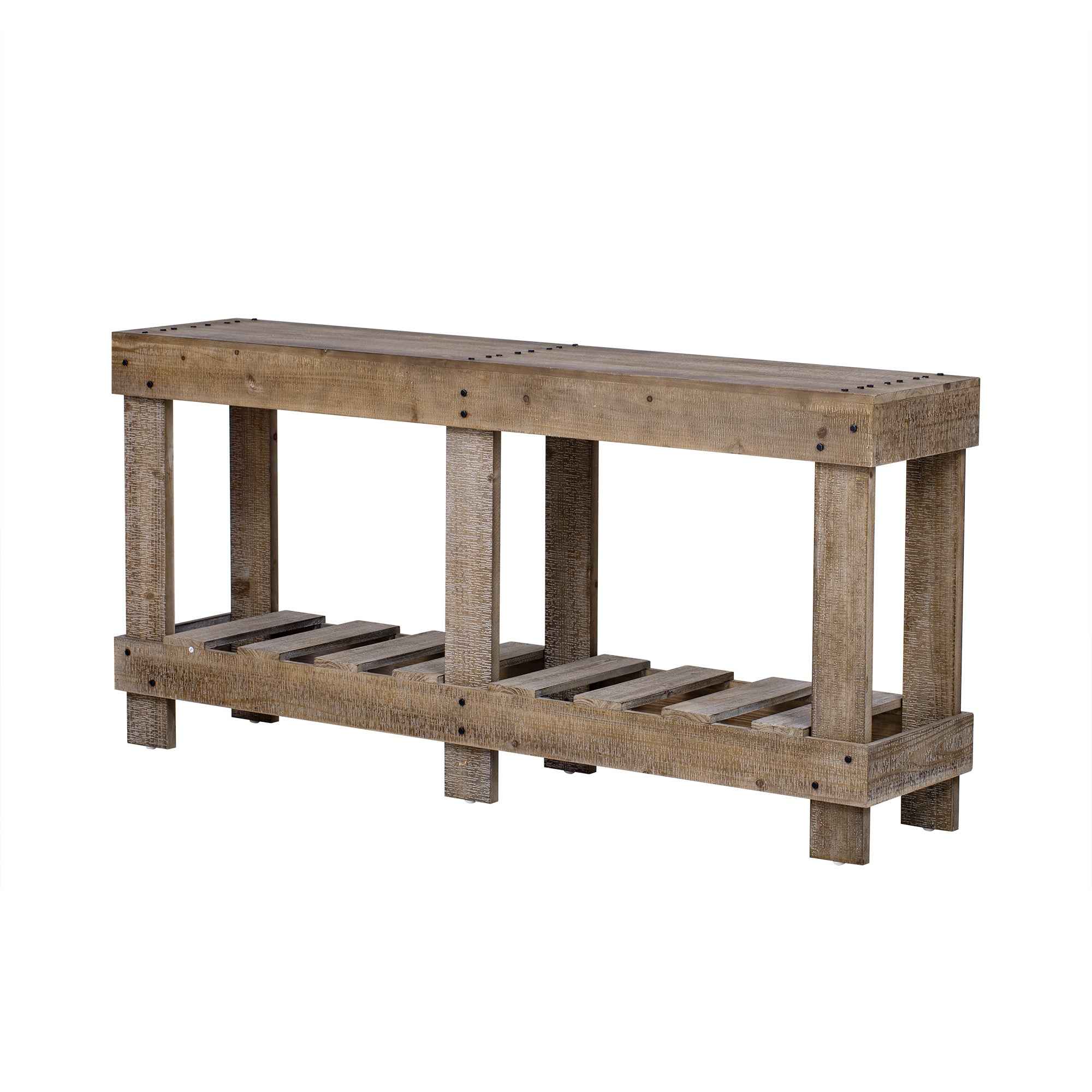U_Style 62.9' Vintage Entryway Table - Fir Solid Wood with Natural Grain, 6 Reinforced Legs & 4.5' Thick Desktop, Metal Rivet Decor & Plank Under-Shelf, Console Table for Hallway, Living Room