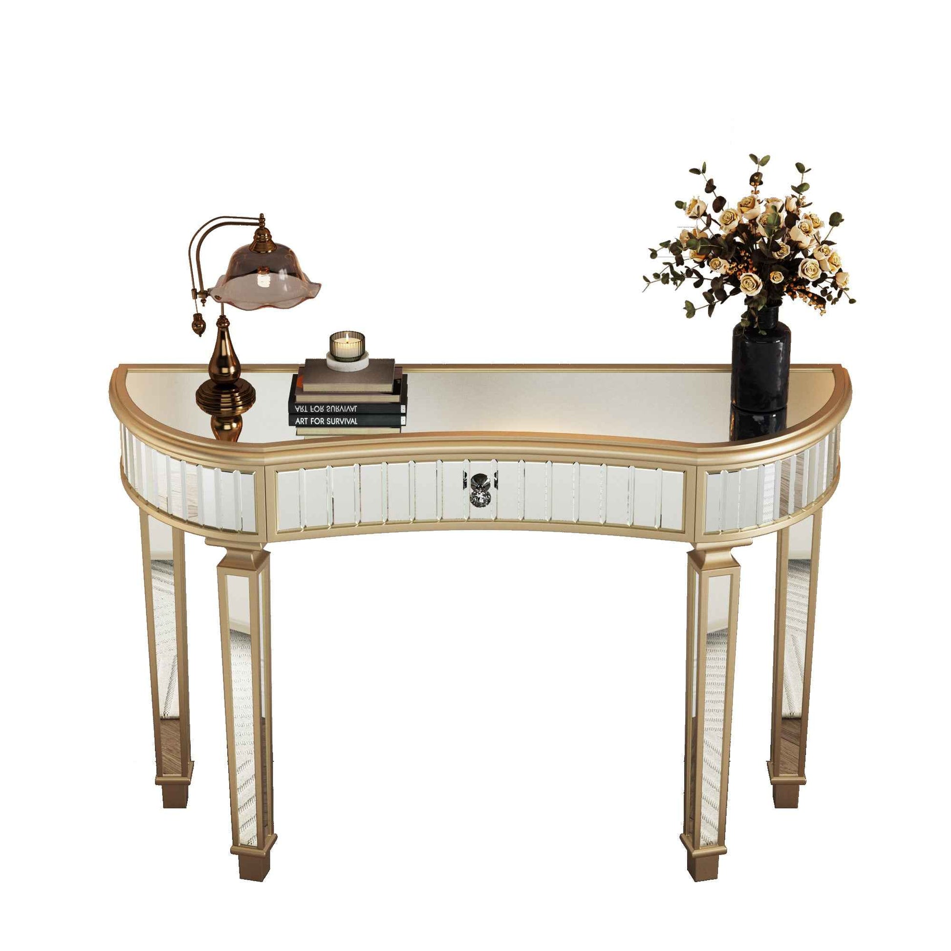 47' Half-Moon Mirrored Console Table with Fluted Glass & Crystal Knob Drawer - Silver Entryway Vanity Desk for Bedroom/Dressing Room(Gold+Sliver)