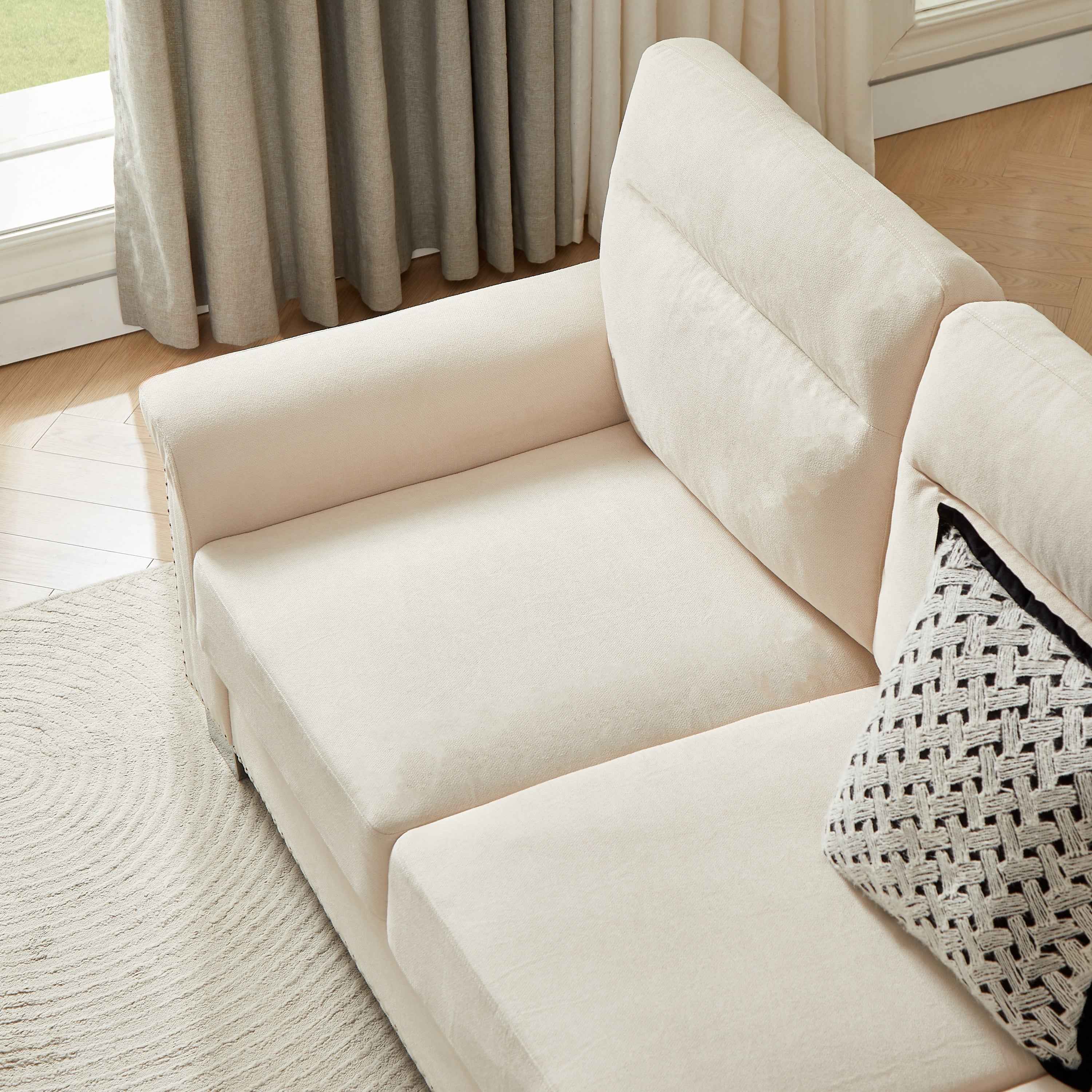 Modern Compressed Snowfleece Fabric 3-Seater Sofa in Beige, High-Density Foam Cushion with Solid Wood and Iron Frame, Ideal for Living Room, Bedroom, Office & Entertainment Spaces