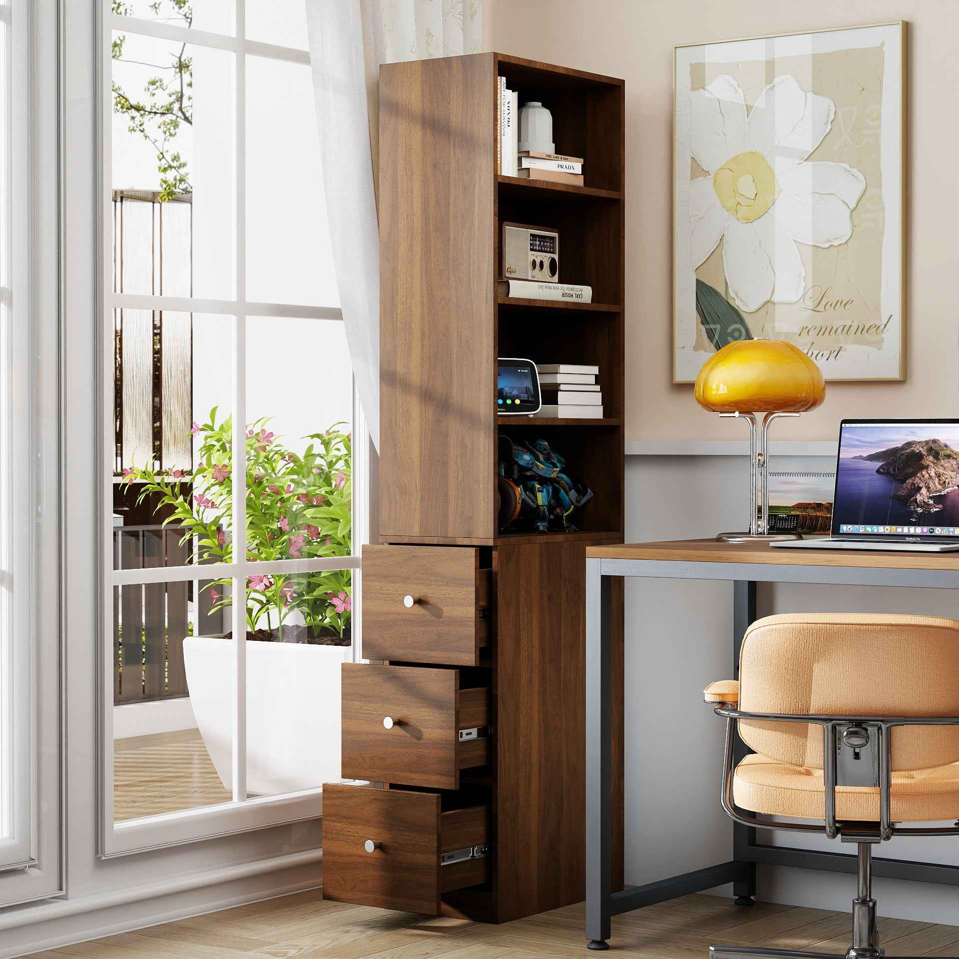 70.87' H Display Storage  Cabinet , 4-Tier Shelf, 3 Side Drawers , Modern Wooden Tall Bookshelf Bookcase for Living Room Home Office