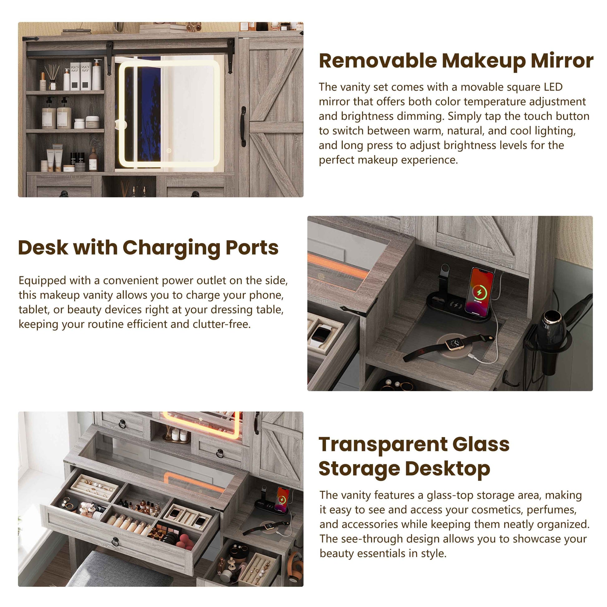 Farmhouse Vanity Desk with Sliding Mirror and Lights, Vanity Set with Glass Top and Charging Station ,Dressing Table with 4 Drawers and 2 Cabinets, Dressing Table with Stool for Bedroom, Gray