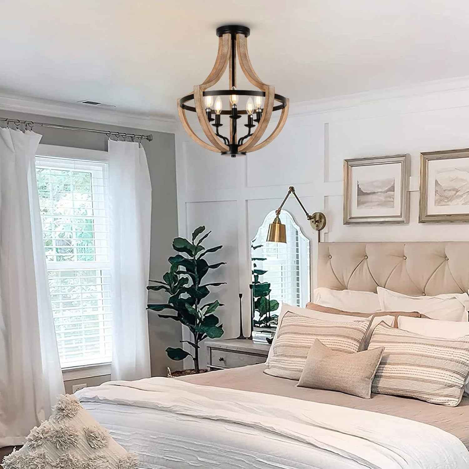 19' Farmhouse Chandelier Light Fixtures, 5-Light Dining Room Light Fixtures Over Table, Solid Wood Modern Chandeliers for Dining Room Living Room Kitchen Island Bedroom Foyer, Height Adjustable, Brown