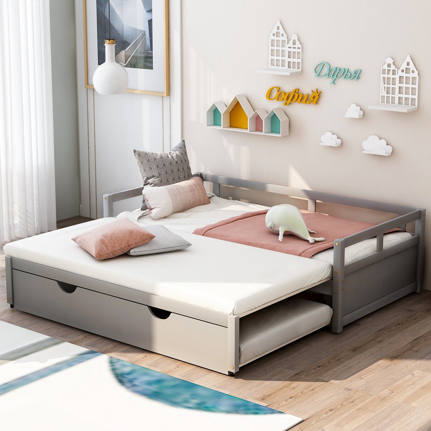 Extending Daybed with Trundle, Wooden Daybed with Trundle, Gray - Abrihome