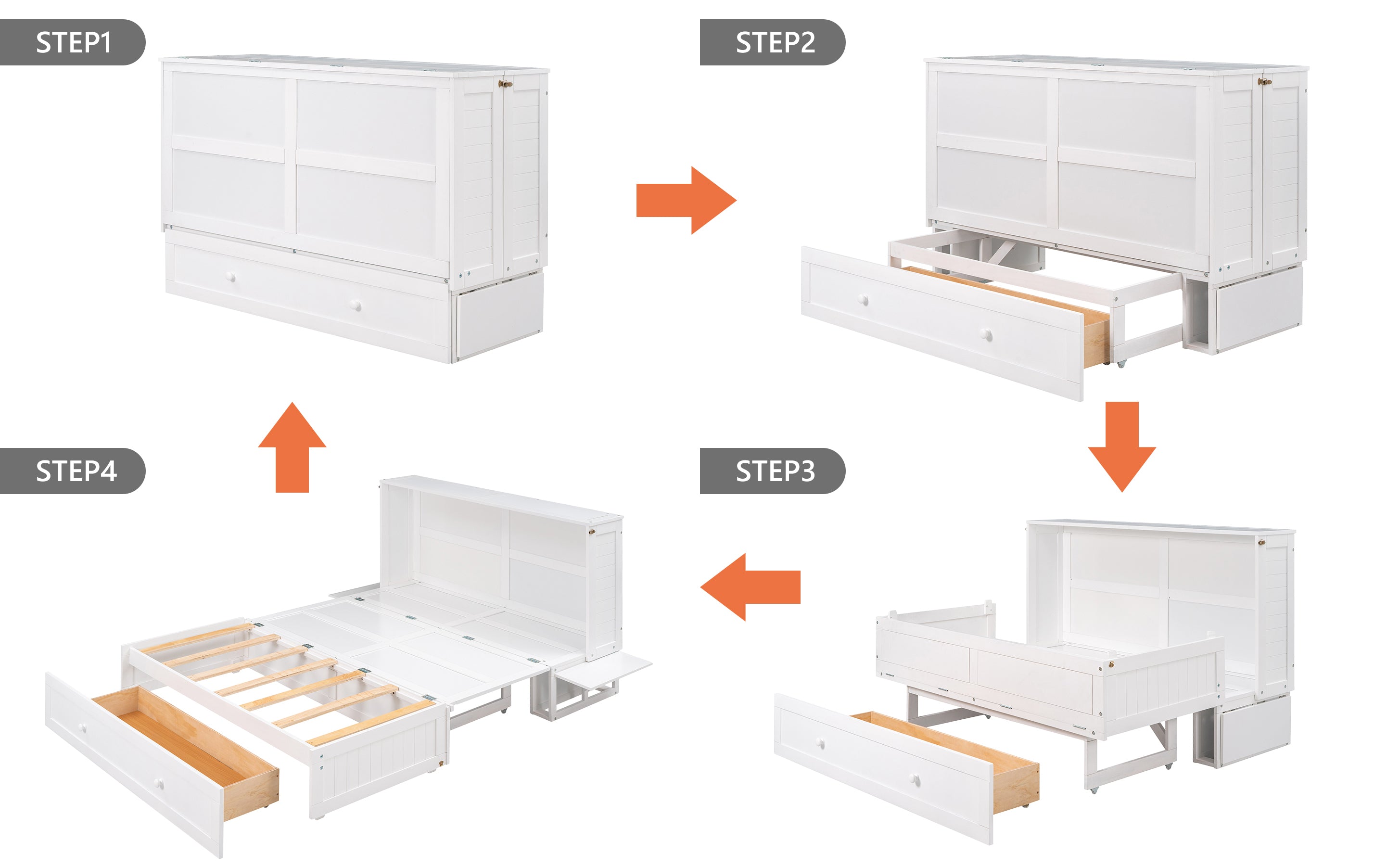 Queen Size Mobile Murphy Bed with Drawer and Little Shelves on Each Side,White