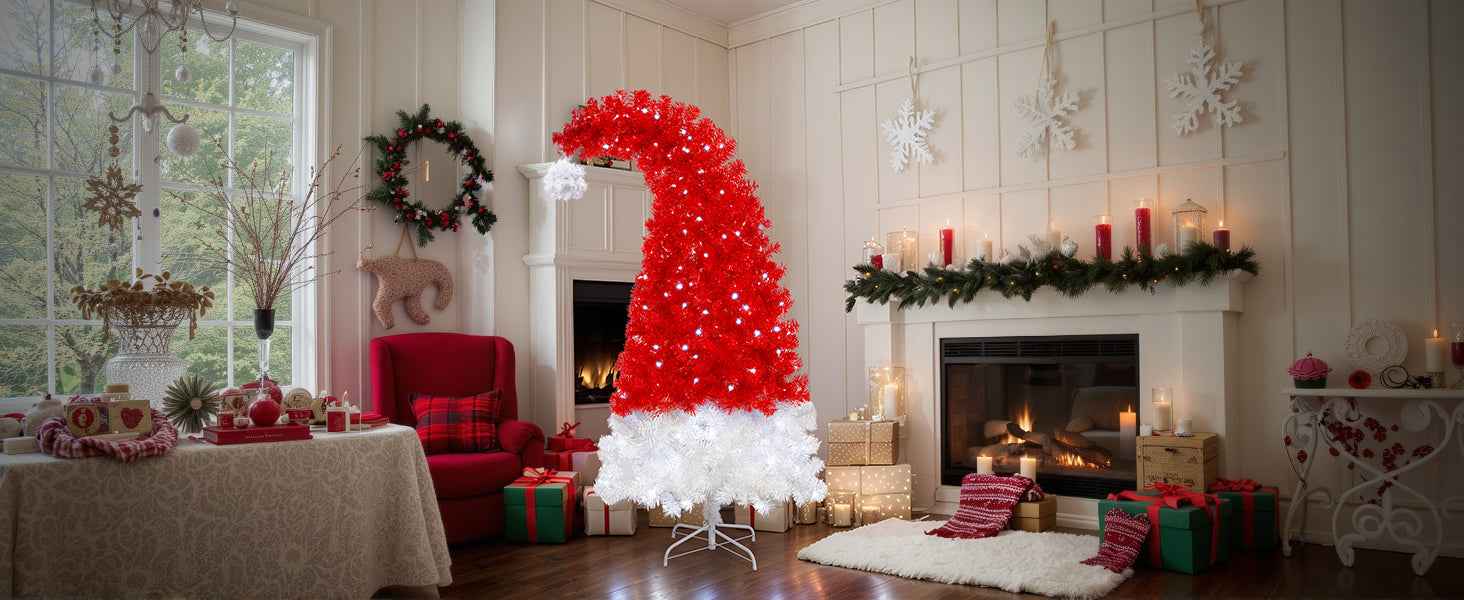 6FT Artificial Christmas Tree with LED Light, Santa's Hat Shape Artificial Whimsical Xmas Tree with 1050 Tip, Curved Xmax Tree