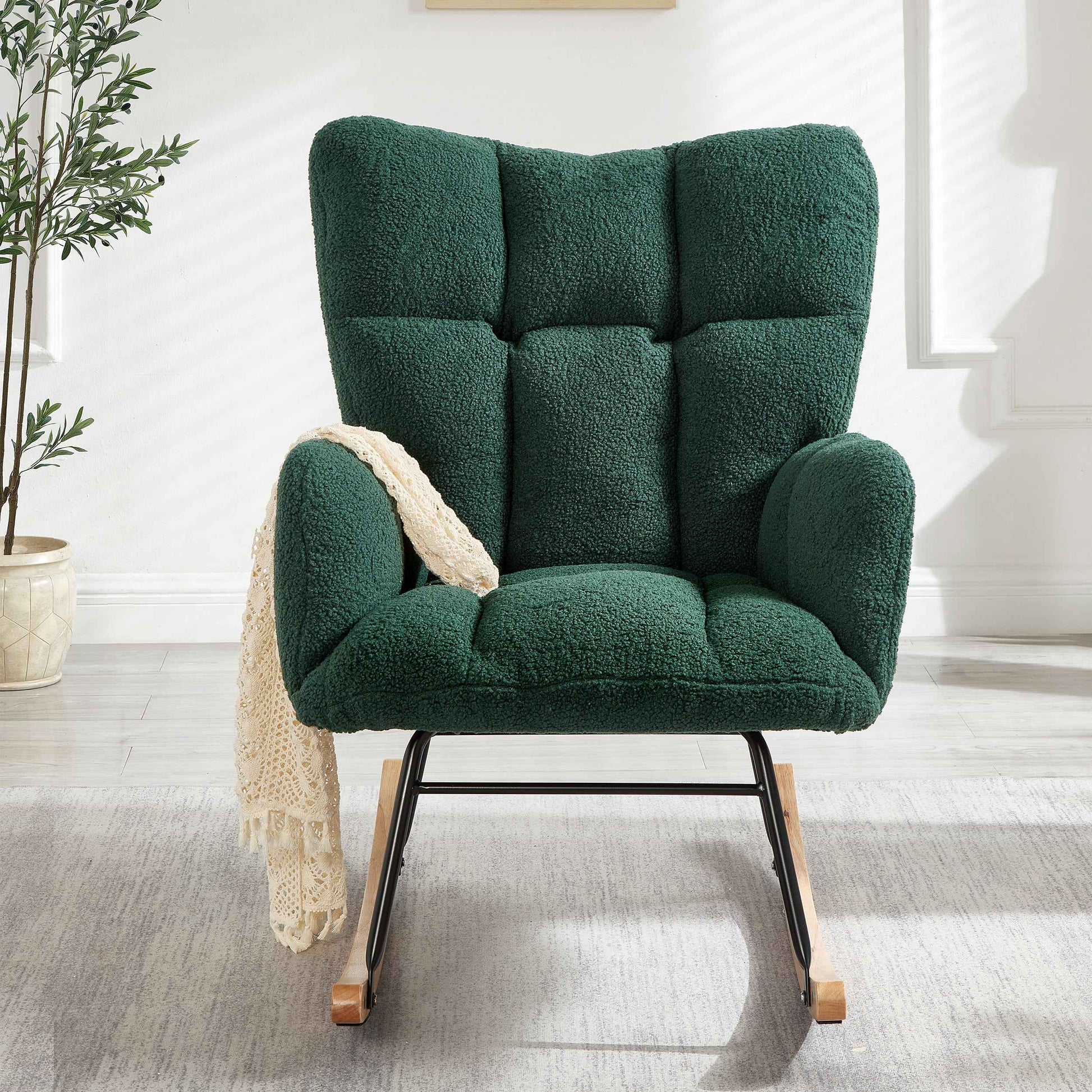 Glider Chair for Living Room Tufted Upholstered Teddy Fabric Rocking Chair with Metal Frame Accent Chair Green