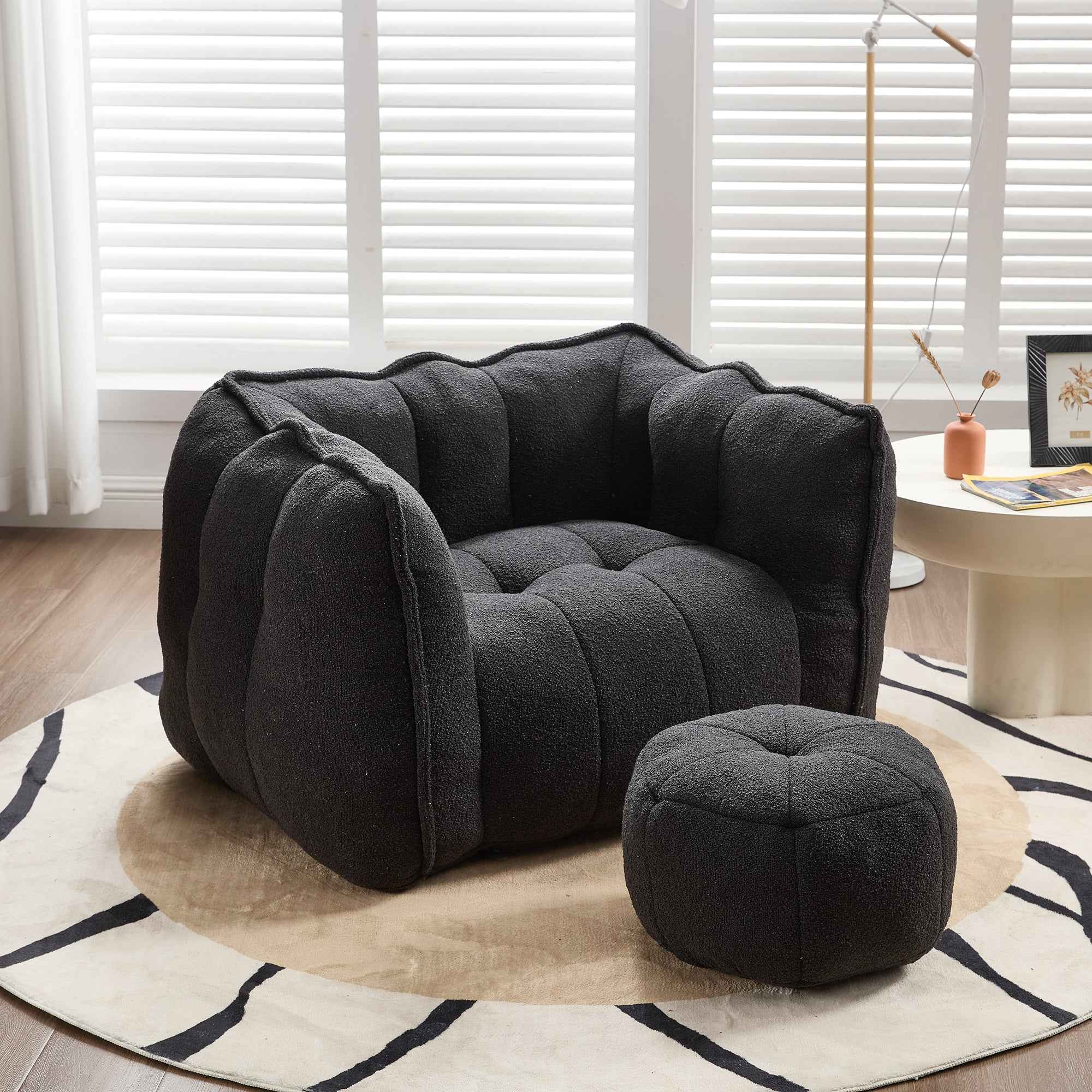 Soft Chenille Bean Bag Chair with High Resilient Foam for Living Room and Bedroom, Comfortable Square Lazy Sofa with Footstool for Adults
