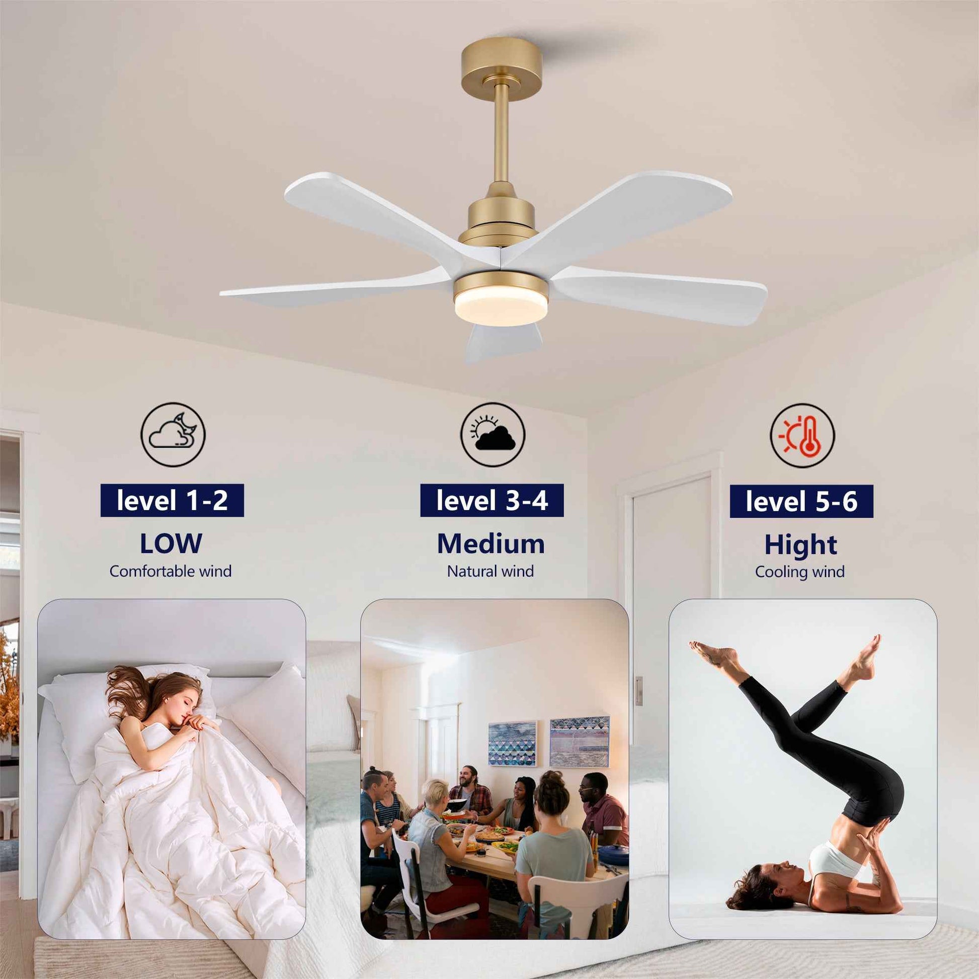 Hot sales 42 Inch Indoor Ceiling Fan With Dimmable LED Light 5 Solid Wood Blades Remote Control Reversible DC Motor