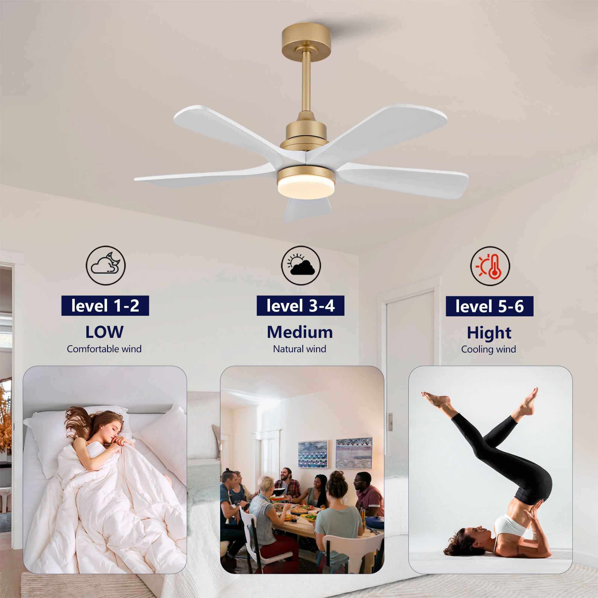 Hot sales 42 Inch Indoor Ceiling Fan With Dimmable LED Light 5 Solid Wood Blades Remote Control Reversible DC Motor