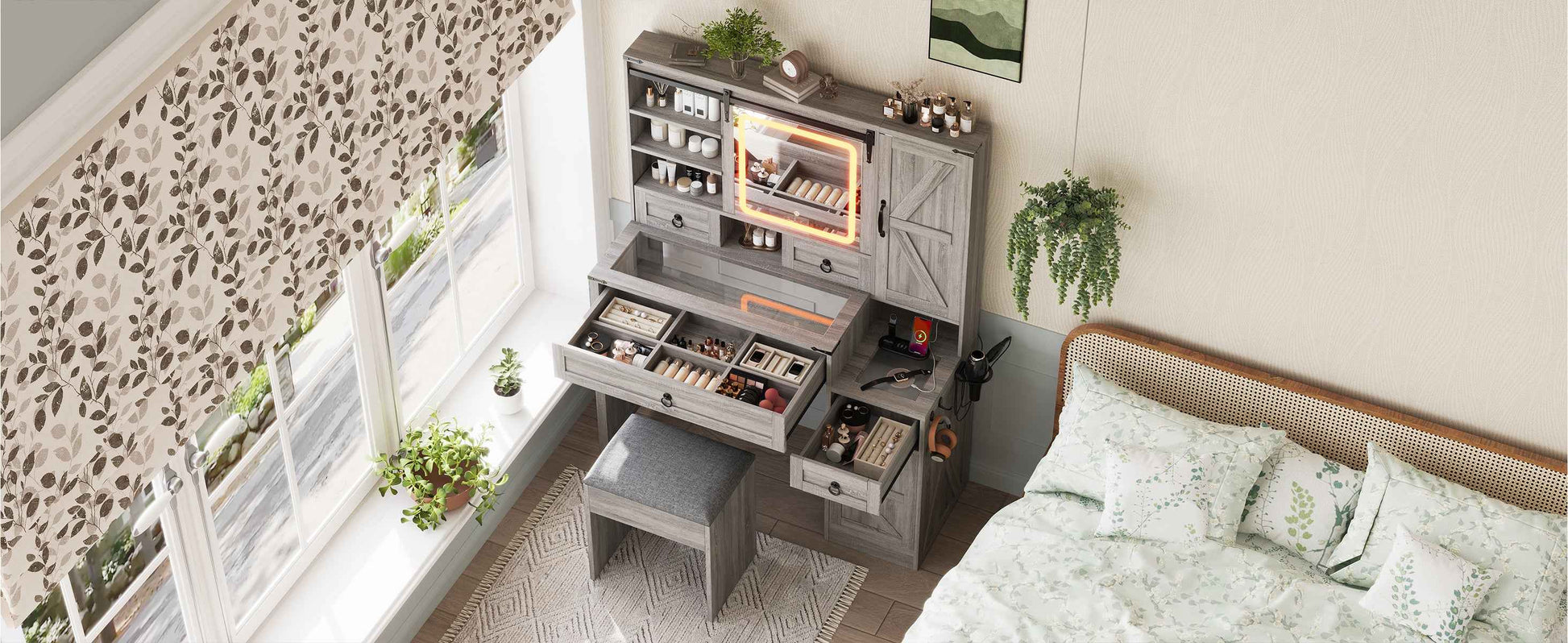 Farmhouse Vanity Desk with Sliding Mirror and Lights, Vanity Set with Glass Top and Charging Station ,Dressing Table with 4 Drawers and 2 Cabinets, Dressing Table with Stool for Bedroom, Gray