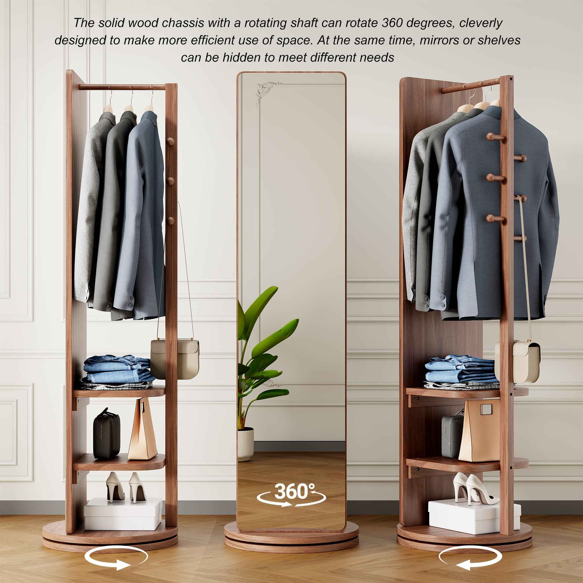 360° Rotating 69'x16' Multifunctional Full Length Mirror with Hook Storage Rack Coat Rack with Mirror Solid Wood Floor Mirror Bedroom Living Room Cloakroom Space Saving (walnut)
