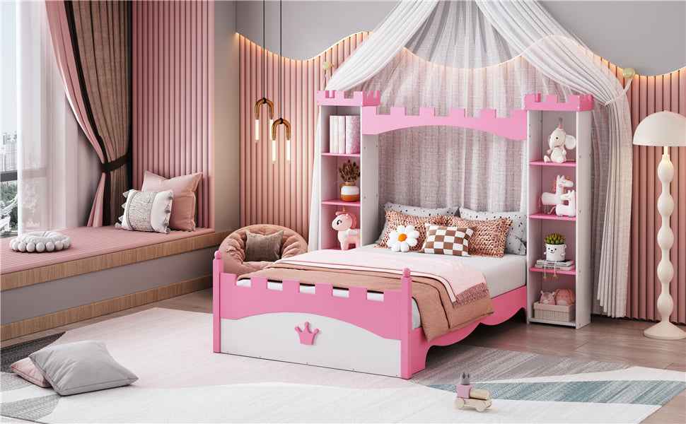 Castle-Shaped Wooden Bed with Storage Shelf, Dreamy Twin Size Platform Bed for Kids Bedroom, White + Pink(Expected Arrival Time:8.14)