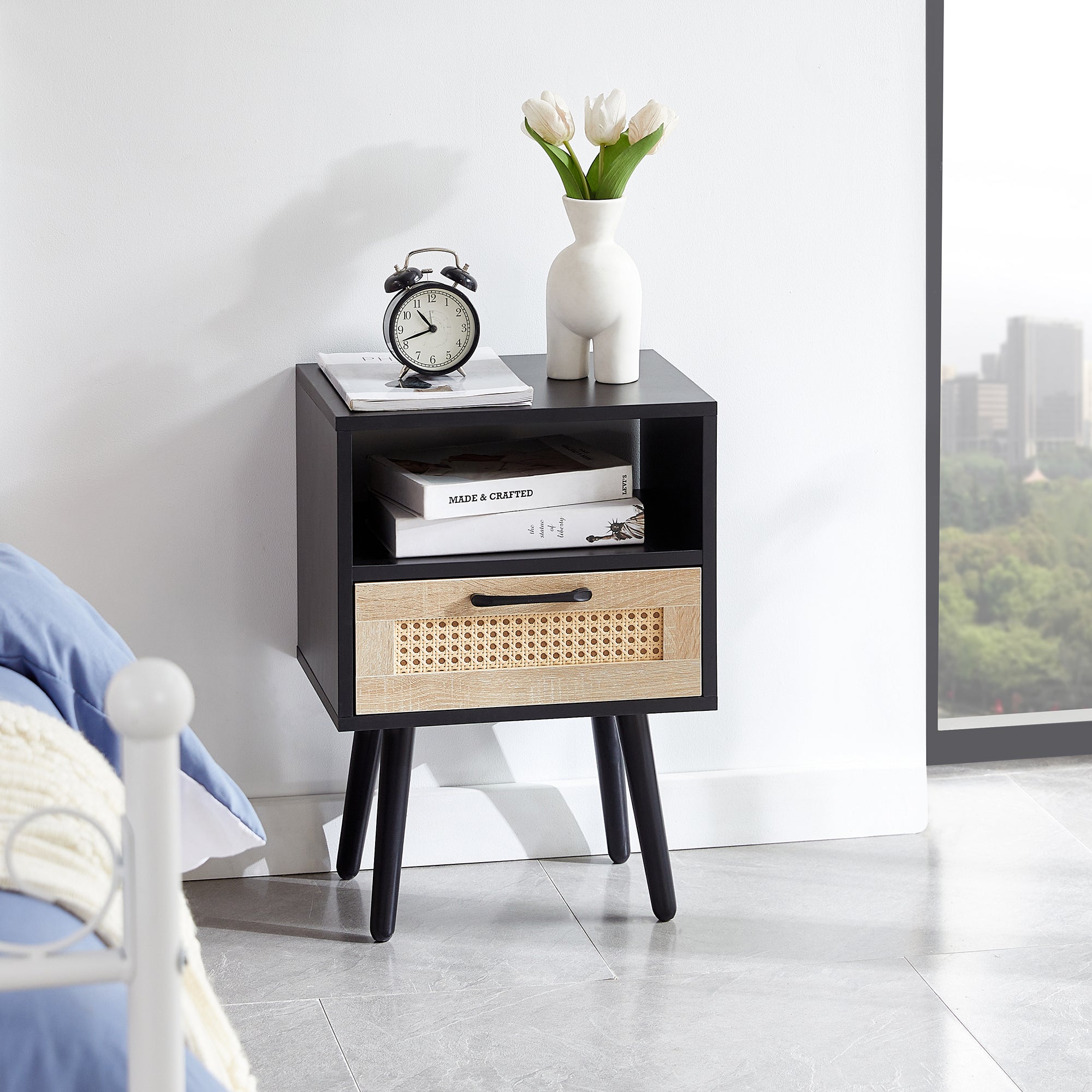 15.75" Rattan End table with  drawer and solid wood legs, Modern nightstand, side table for living room, bedroom, black